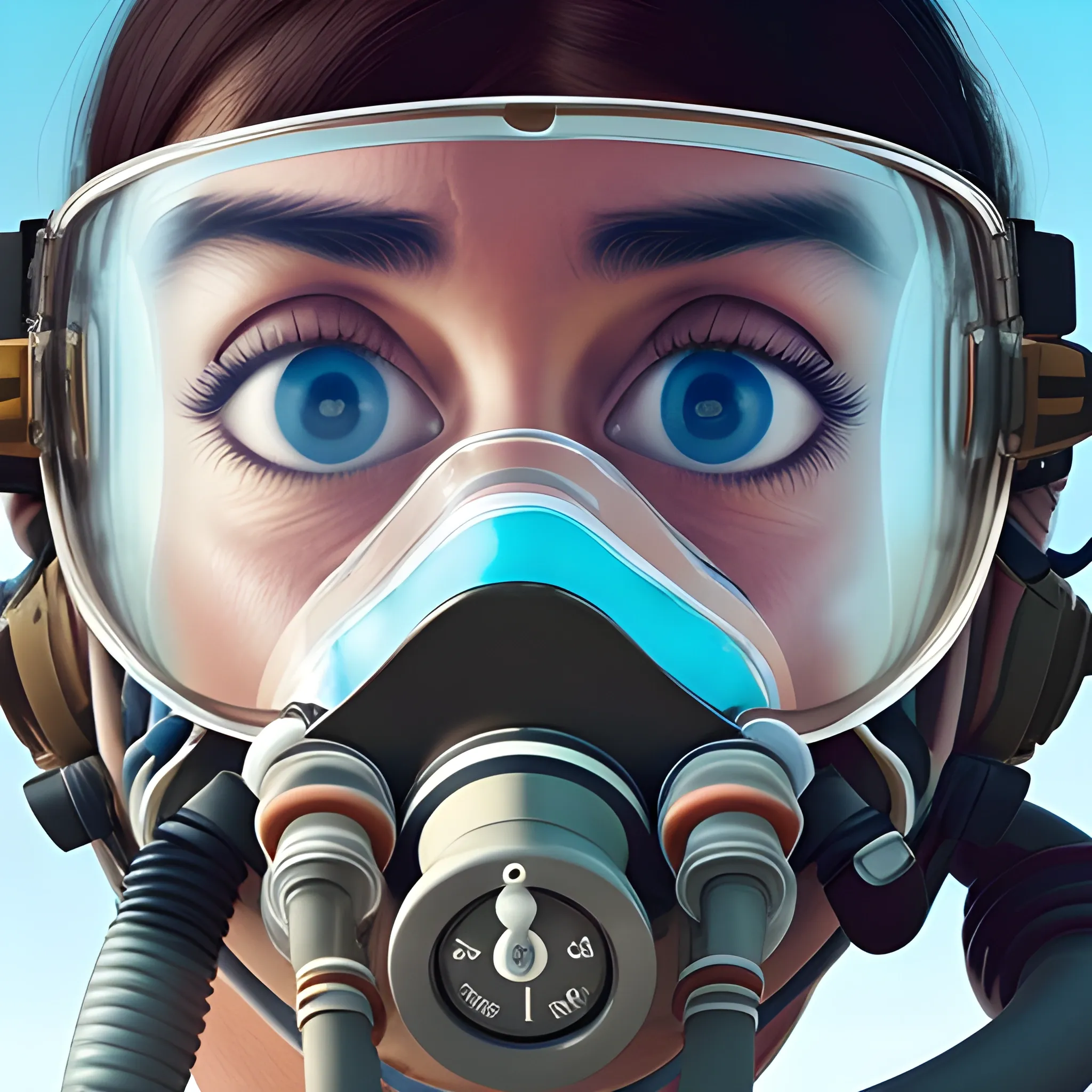 A big face with a oxygen mask, looking to camera, first plane, realistic 