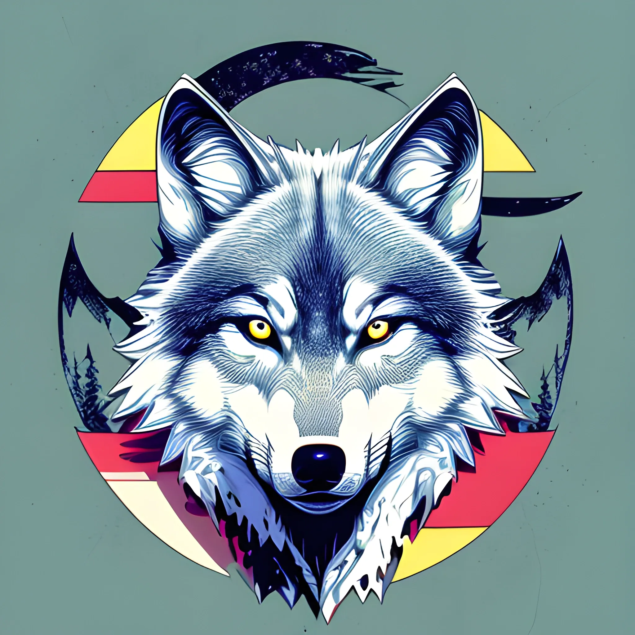 A detailed illustration, wolf at Cresent Moon, full shot splash, t-shirt graphic design piece of artwork, anime, comic, flat design, colorful shades, highly detailed, clean, vector image, flat white background, isometric, vibrant vector, sticker, mediaval, anime, vintage, rustic, distressed texture, faded colors, line art, engraving style, background white, no shadows, 16k, focus, deviant art masterpiece.