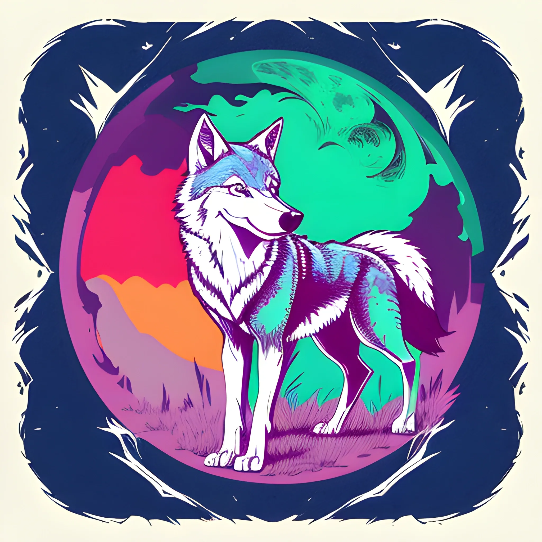 A detailed illustration, wolf at Cresent Moon, full shot splash, t-shirt graphic design piece of artwork, anime, comic, flat design, colorful shades, highly detailed, clean, vector image, flat white background, isometric, vibrant vector, sticker, mediaval, anime, vintage, rustic, distressed texture, faded colors, line art, engraving style, background white, no shadows, 16k, focus, deviant art masterpiece.