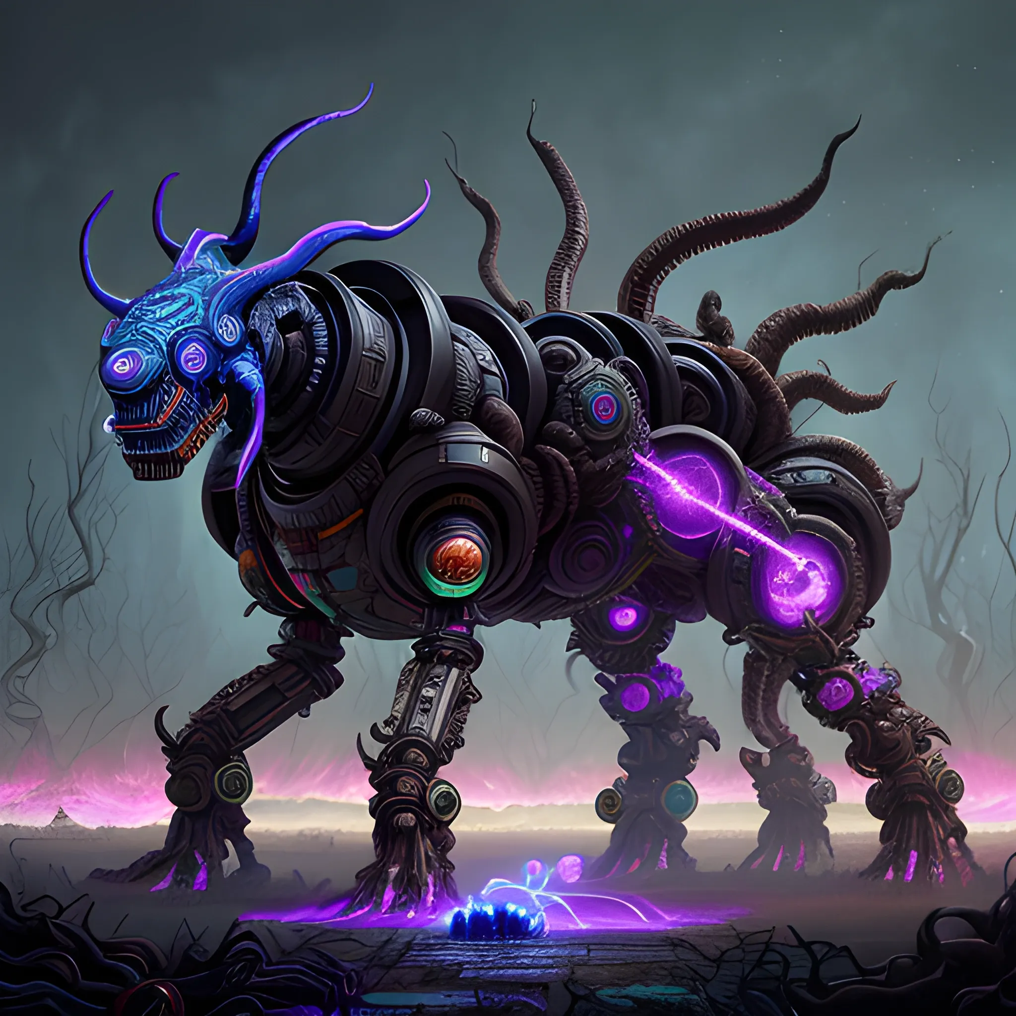 giant dog cosmic horror eldritch god mech wearing a witch doctor mask walking in a landscape made up of bio mass, bio mechanical, dark background, detailed background, hyper realistic, Electric Colors, Melancholic, Unreal Engine, dreamlikeart