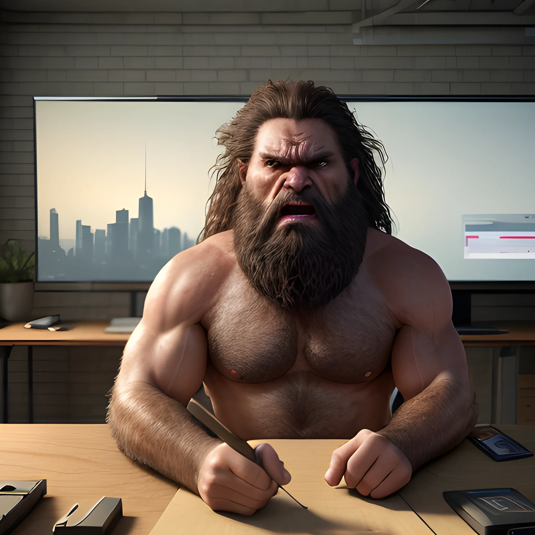 photorealistic, hyper realistic, hyper detailed, full color, 4K, HDR, 3D, UHD, dolby vision, a man with a caveman-like face, very aggressive, shouting, scowl, dresseing animal skin, with a big mallet in his left hand, pointing at the camera with the right index finger, sitting behind a desk, big desk, staring at the camera, Natural 35mm, ultra quality, photorealistic, realistic, hyper realistic, ultra detailed, highly detailed, octane render, 3D rendering, 8K, perfect composition, approach to perfection, ugly, office background, dynamic lighting, full shot, full color, full body, dynamic pose, full length frame