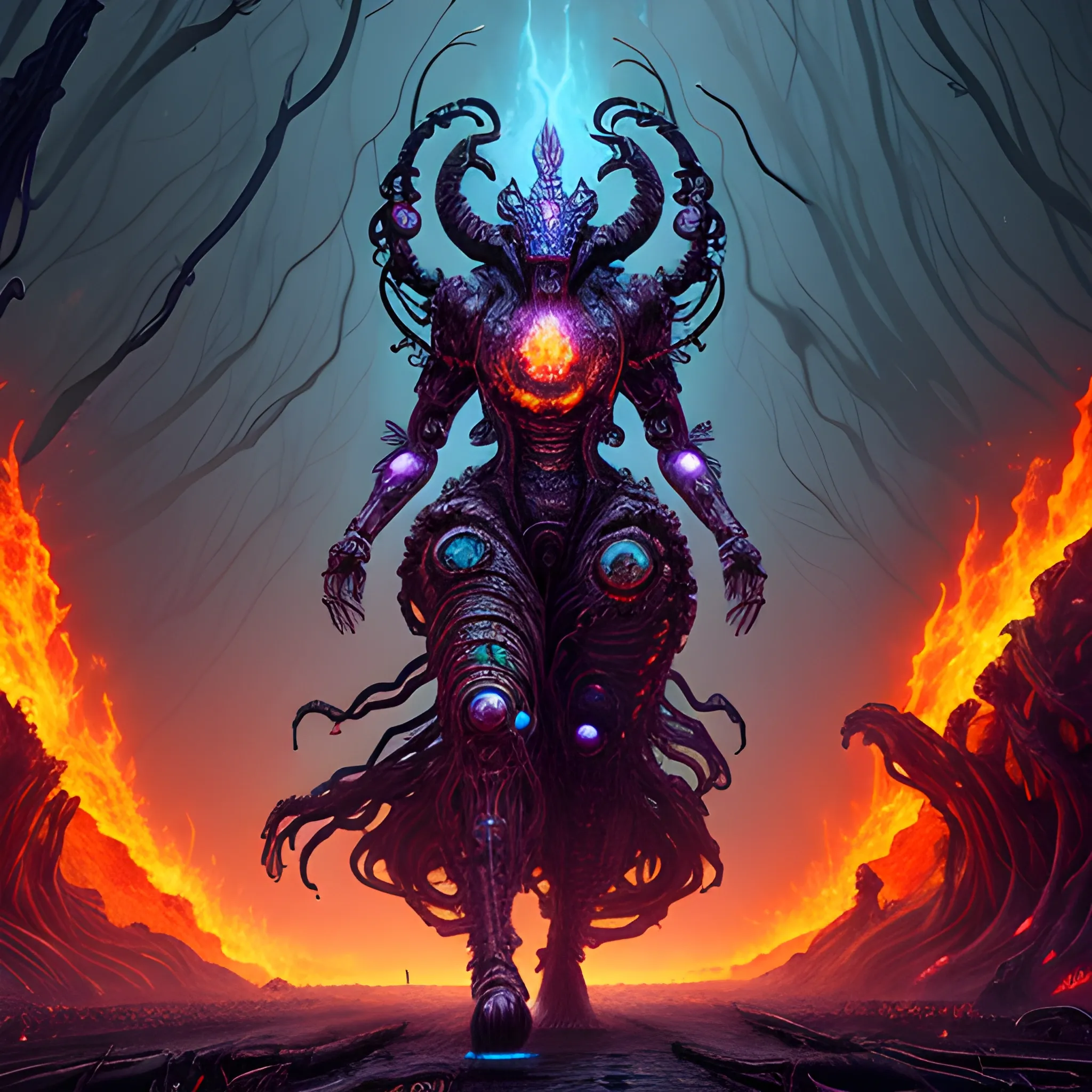 giant woman cosmic horror eldritch god mech wearing a witch doctor mask walking in a landscape made up of bio mass, bio mechanical, dark background, detailed background, hyper realistic, fire Colors, Melancholic, Unreal Engine, dreamlikeart