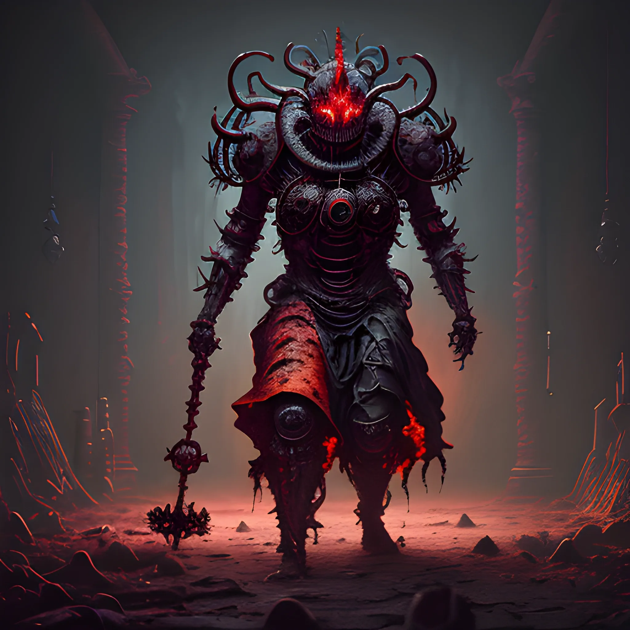 a cosmic horror eldritch mech god killer chef wearing a medieval warrior mask walking in a landscape composed of a kitchen , red carpet ,biological mass, biomechanics, dark background, detailed background, hyper realistic, fiery colors, gloomy, unreal engine, dreamlikeart