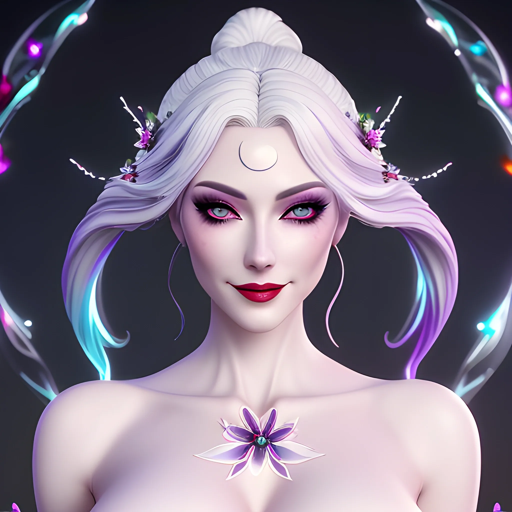 nsfw:1.5,masterpiece, best quality, 1girl, (colorful),(delicate eyes and face), volumatic light, ray tracing, bust shot ,extremely detailed CG unity 8k wallpaper,solo,smile,((flying petal)),(Flowery meadow) sky, cloudy_sky,moonlight, moon, night, (dark theme:1.3), light, fantasy, windy, magic sparks, dark castle,white hair,