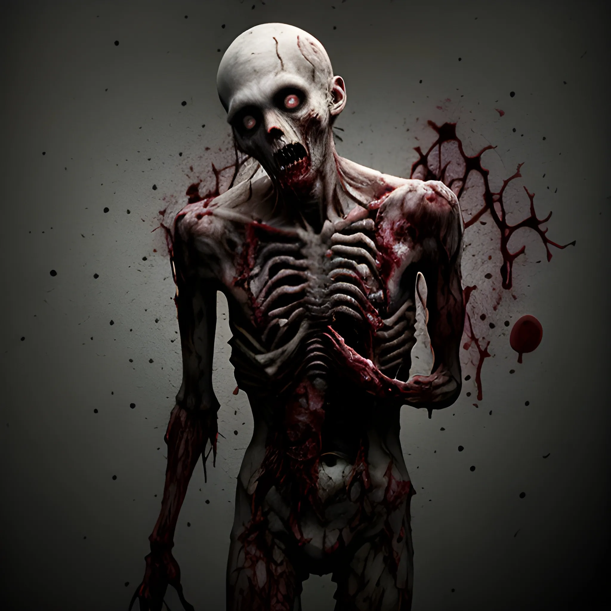 A FULL BODY OF ZOMBIE-LIKE INDIVIDUAL POSSESSES A CRANIUM WITHIN HIS CORPOREAL FORM COMPOSED OF FLESH AND BLOOD. 