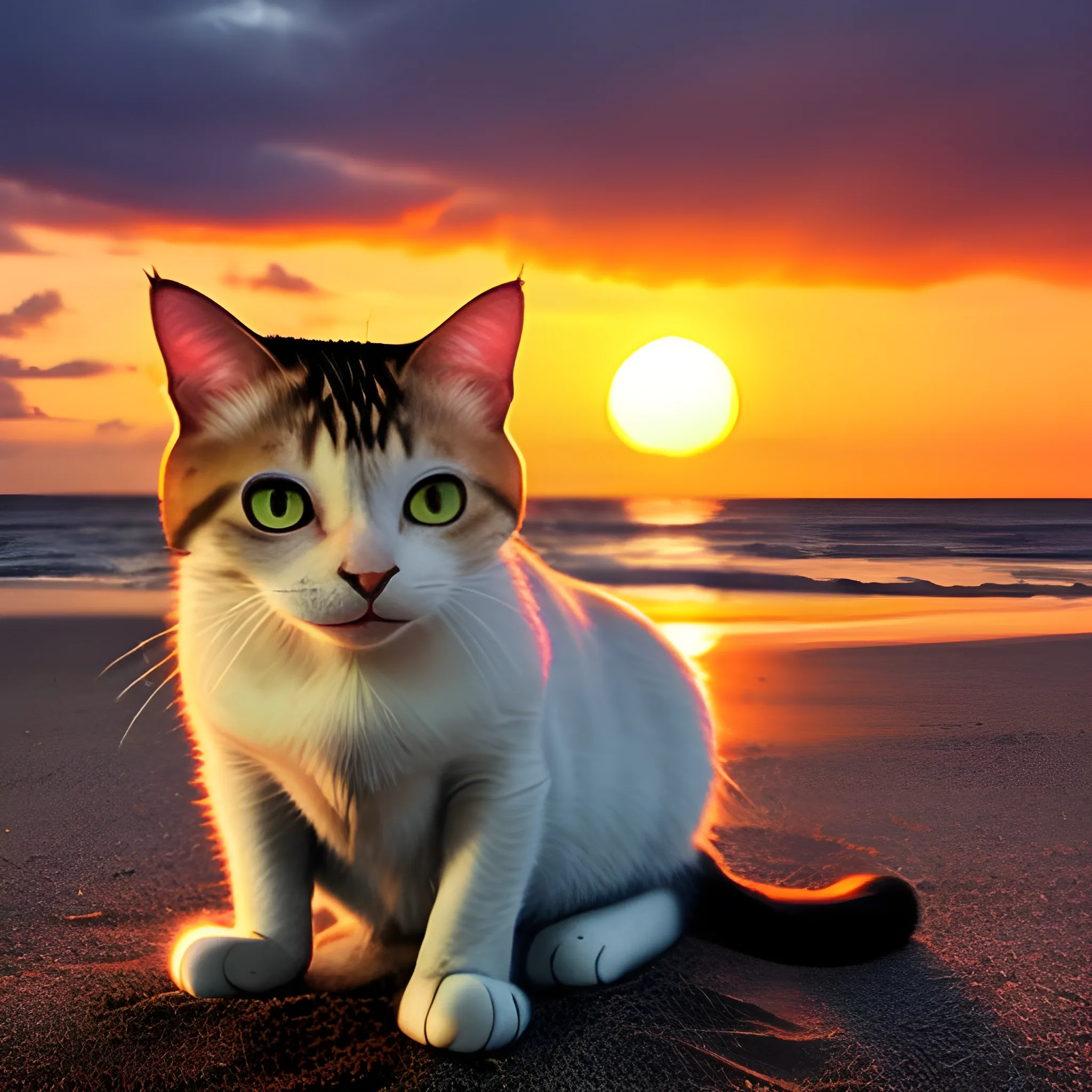 a cat on the beach with the sunset