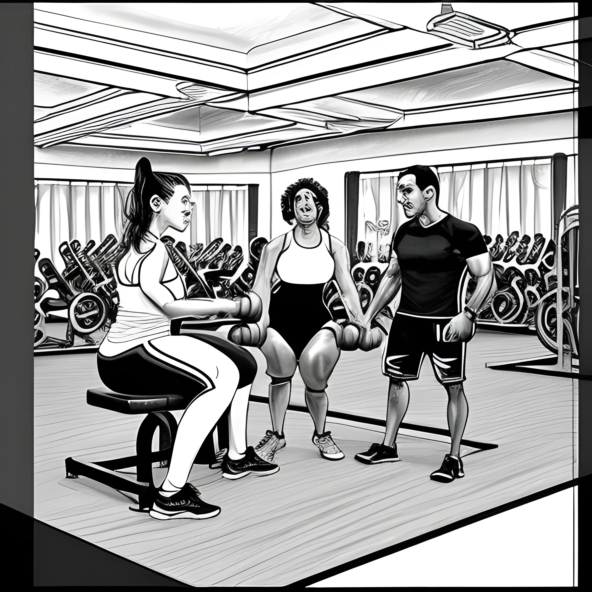 In the gym of Club El Nogal in Bogotá, Bertha Lucia Fríes is sitting on a weight machine, talking with the actress Valentina Rendon and with Pedro, her gym teacher. They are enjoying a pleasant chat while the rest of the place is filling with life., Pencil Sketch, Pencil Sketch