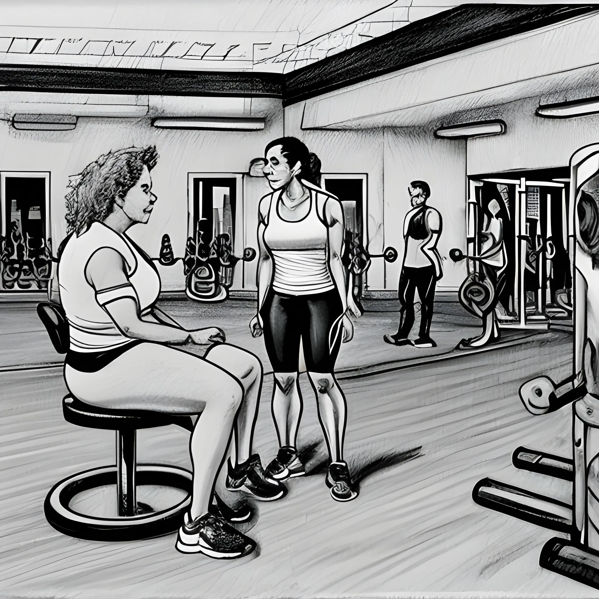 In the gym of Club El Nogal in Bogotá, Bertha Lucia Fríes is sitting on a weight machine, talking with the actress Valentina Rendon and with Pedro, her gym teacher. They are enjoying a pleasant chat while the rest of the place is filling with life., Pencil Sketch,
