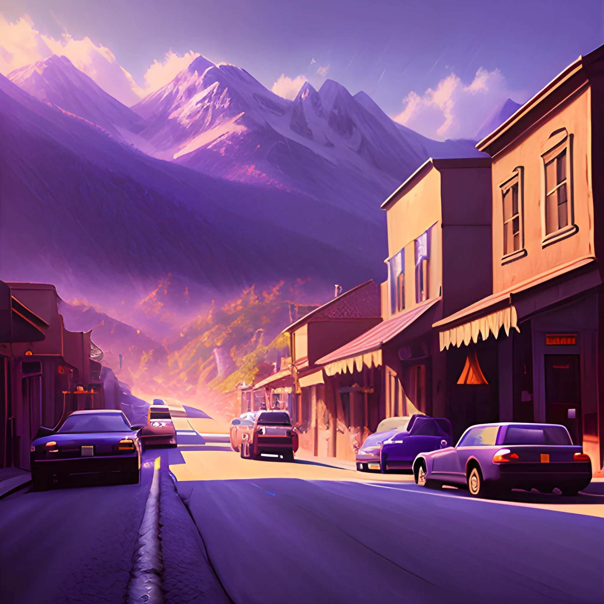 soft natural volumetric cinematic perfect light, chiaroscuro, oil painting, mountain town street, purple, blue