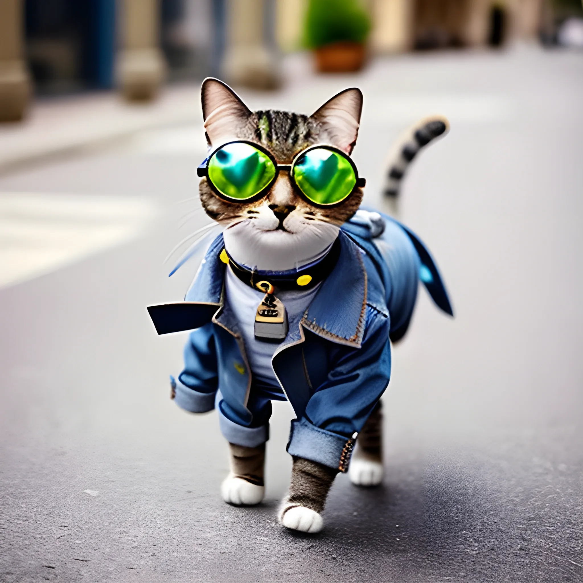 a cat with jeans and a coat and aviator glasses walking on 2 paws in a fashion catwalk
