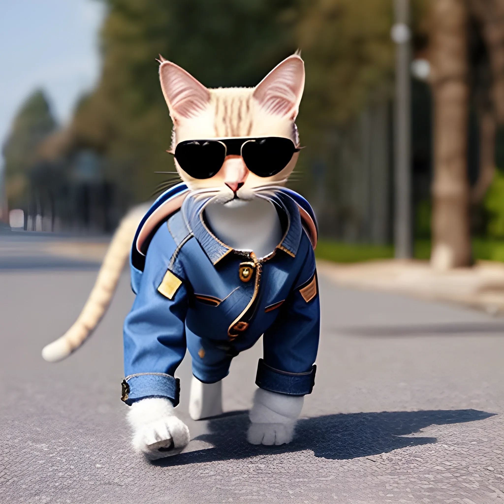 a cat with jeans and a coat and aviator glasses walking on 2 paws in a fashion catwalk
