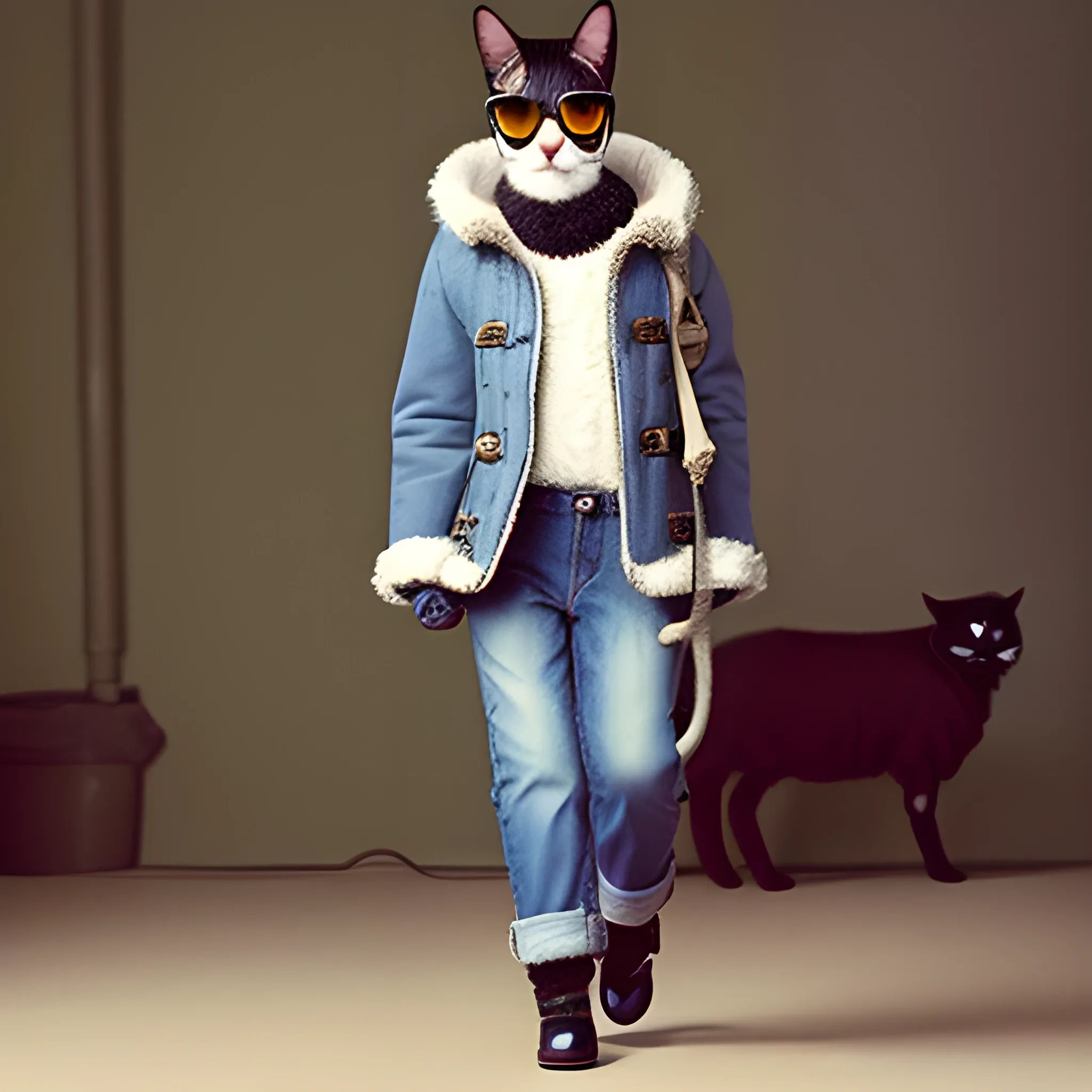 a cat with jeans and a sheep coat and aviator glasses walking on 2 paws in a fashion catwalk
