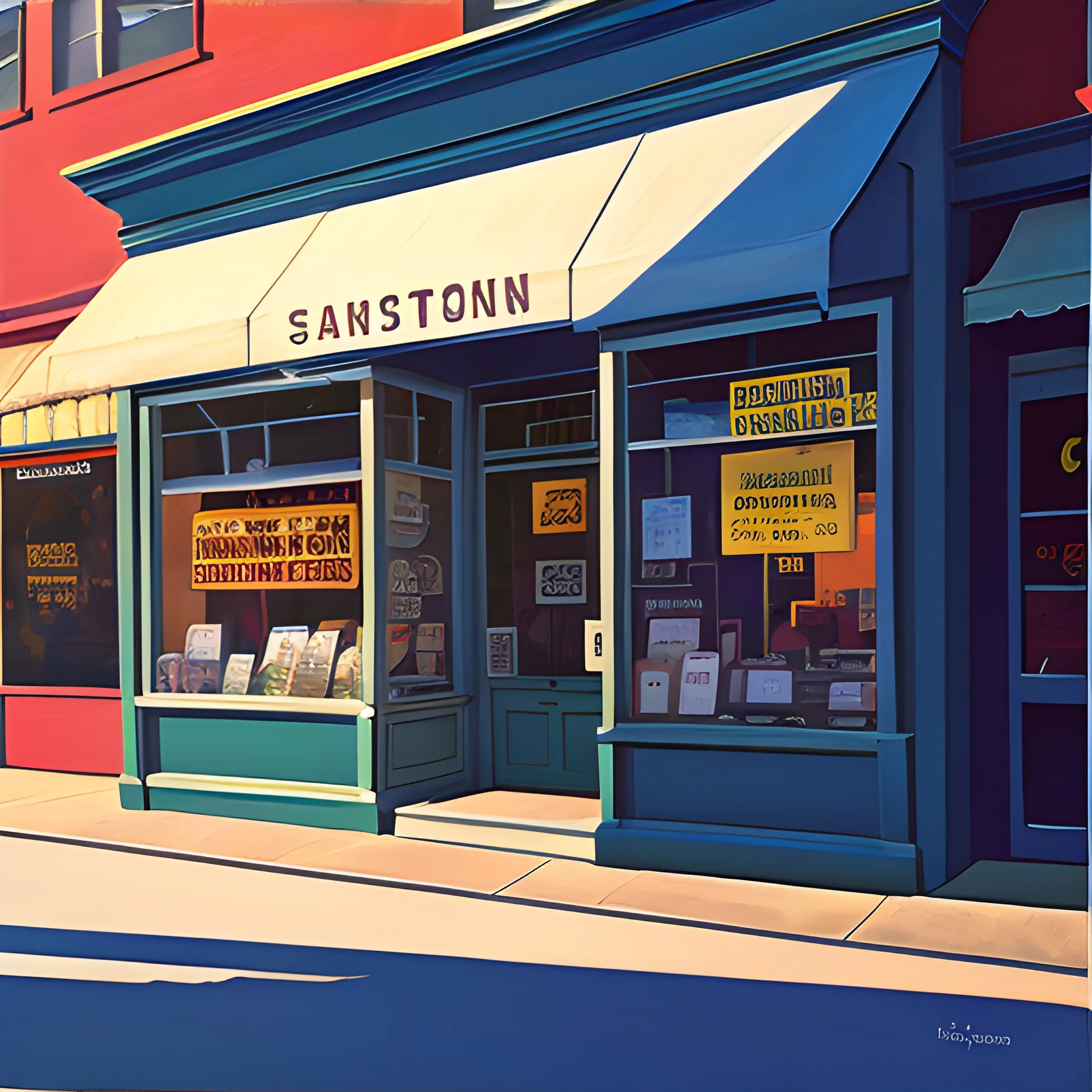 acrylic painting, single store front, main street, town, shadows, gordon leverton, chris firger