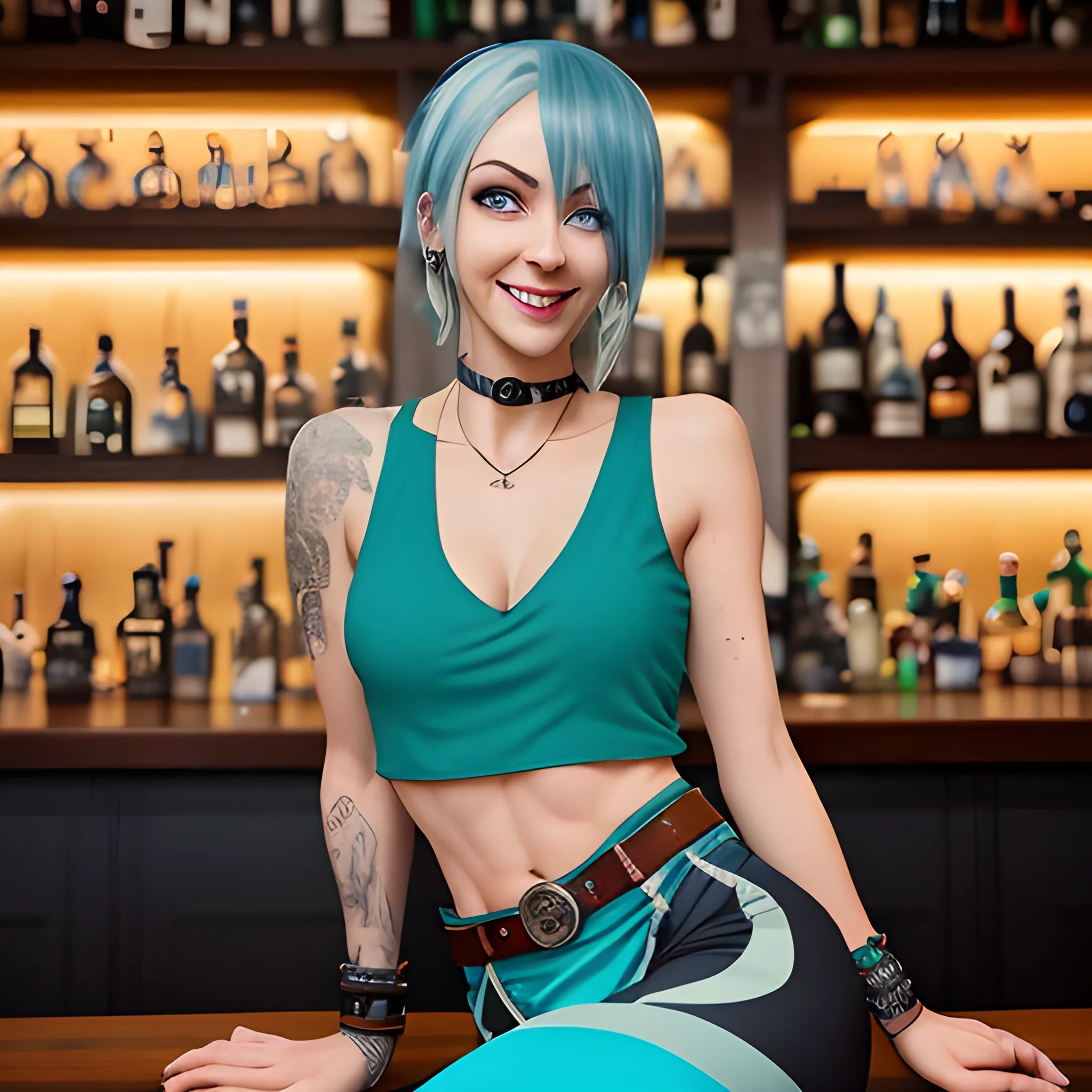 full body in frame.   . female blue hair. light skin.  tall,  athletic, amulet, leggings,   shoulderless top with cut out sides, plunging neck line, round face, green eyes.  . smiling.  belt. sitting at bar. pierced navel. dangling earrings.  dark library. back lit