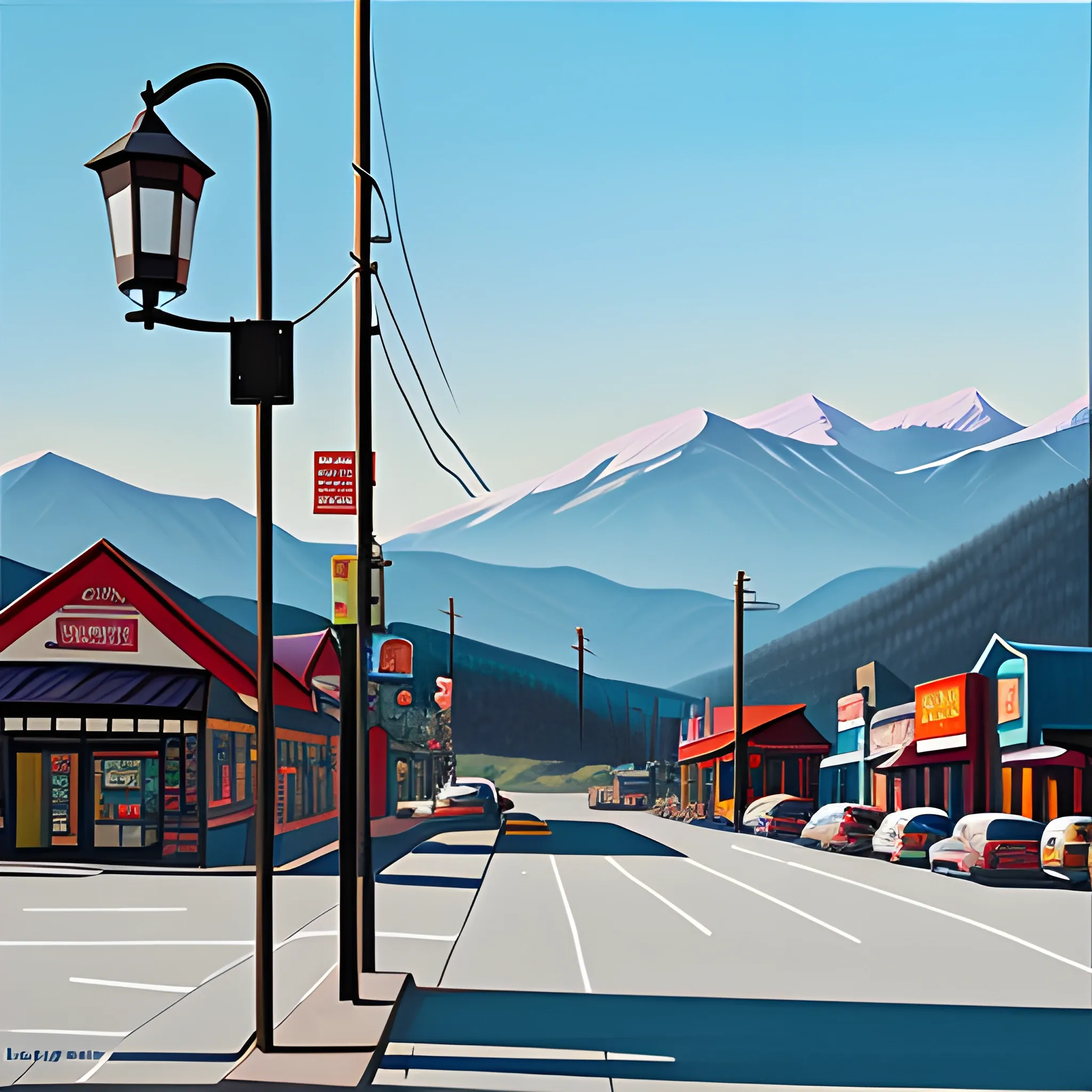 acrylic painting, single store front, mountain town, downtown, simple, gordon leverton, lamp post