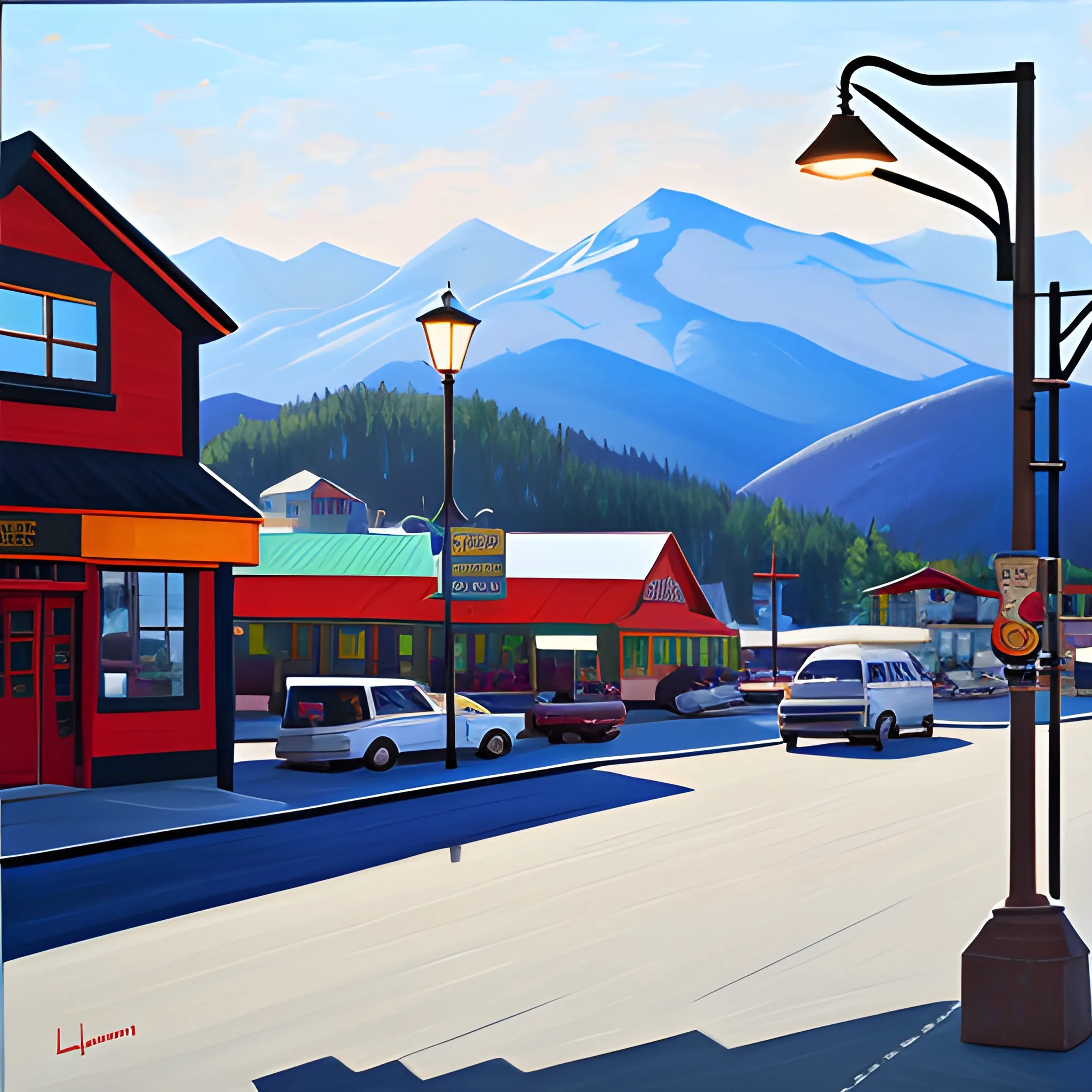 acrylic painting, single store front, mountain town, simple, gordon leverton, lamp post