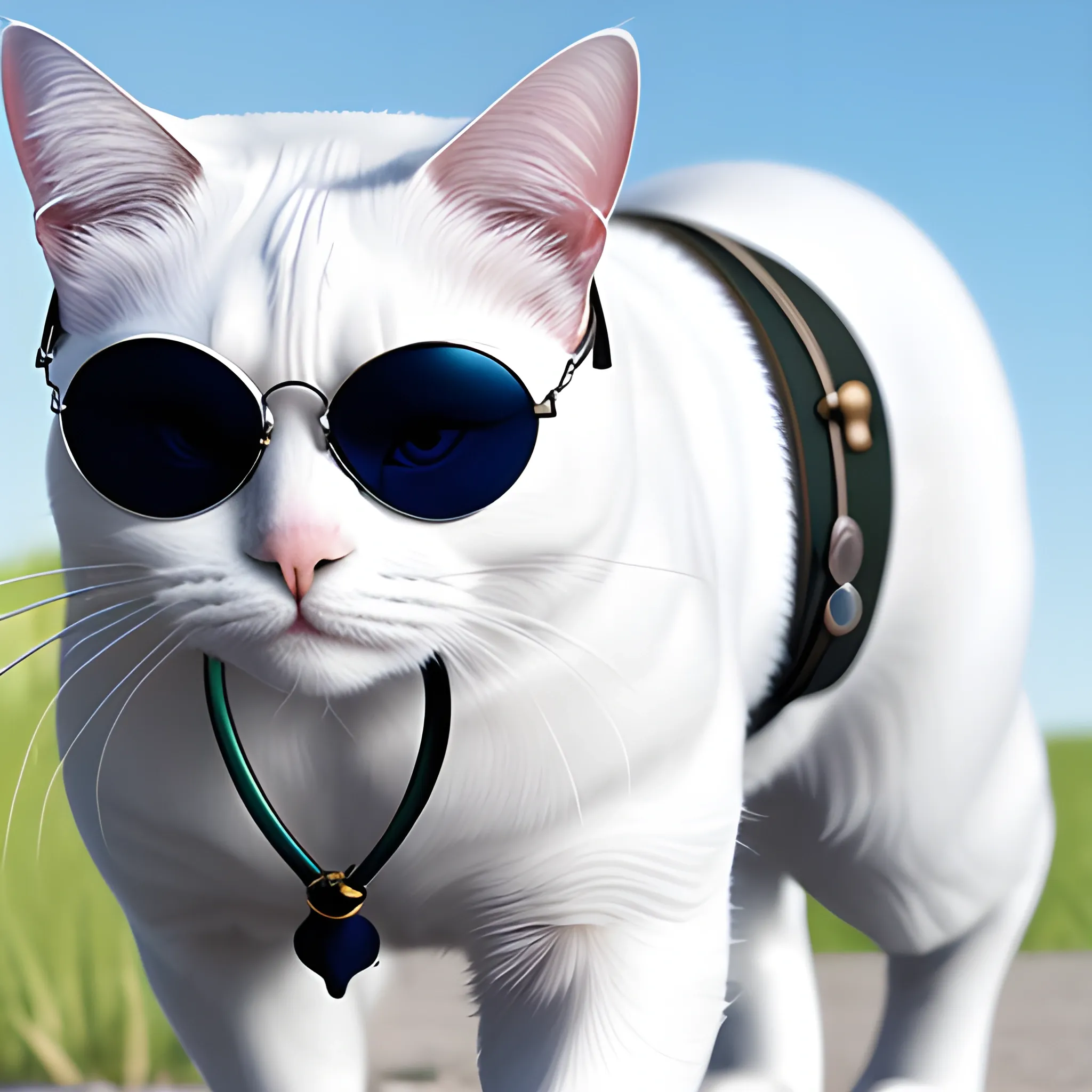 a white cat with aviator glasses walking on two paws ,ultrarealistic, high detail, 4K, UltraHD