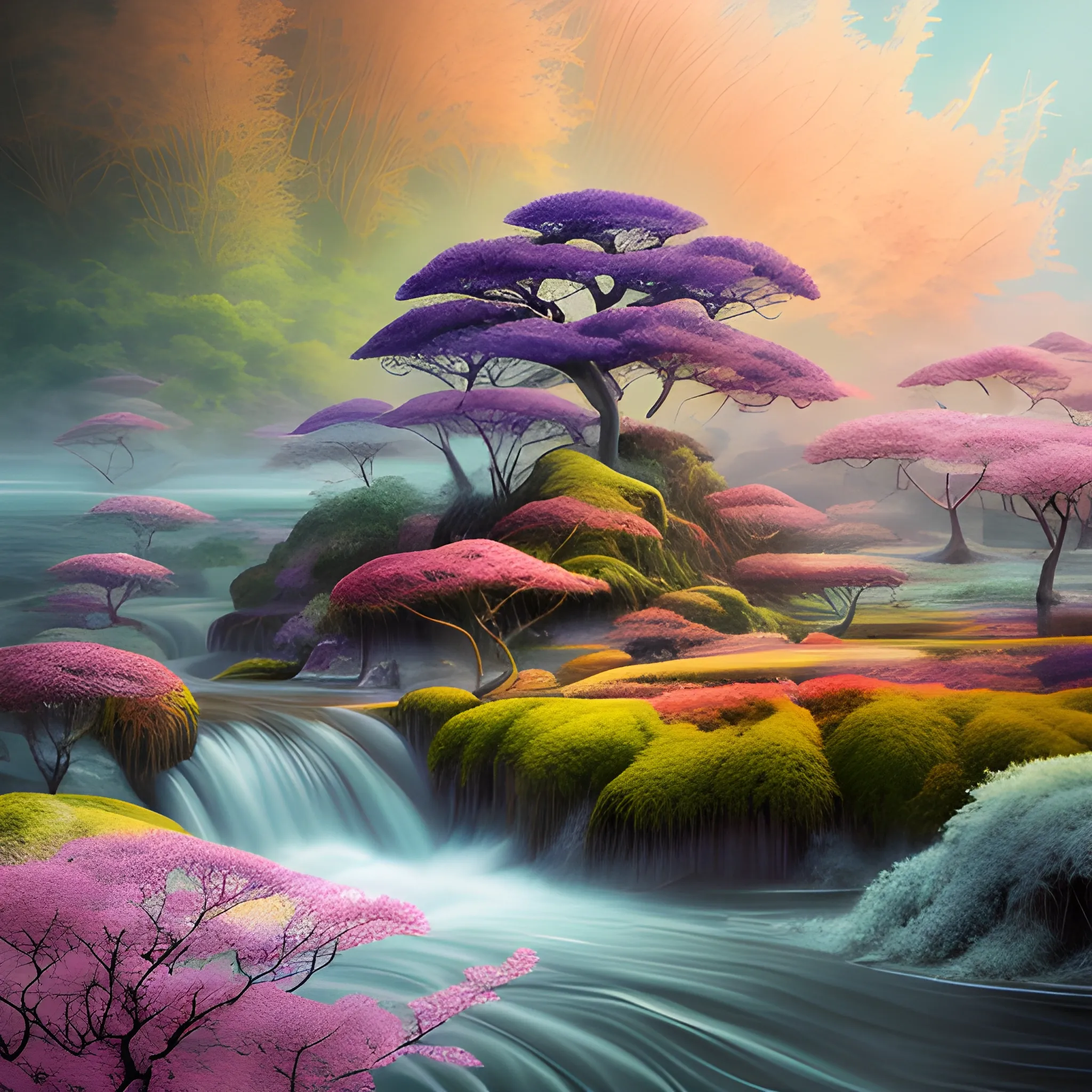 (by Ananta Mandal (and Andrew Biraj:0.5)), (in the style of nihonga), Style: Abstract, Medium: Digital illustration, Subject: An otherworldly landscape with floating islands, cascading waterfalls, and vibrant flora and fauna. Camera Angle: Overhead shot capturing the vastness and intricate details of the scene. The colors are saturated, and the lighting creates a warm and ethereal atmosphere. The painting is highly detailed, with every brushstroke capturing the complexity of the imaginary world., (high quality), (detailed), (masterpiece), (best quality), (highres), (extremely detailed), (8k)