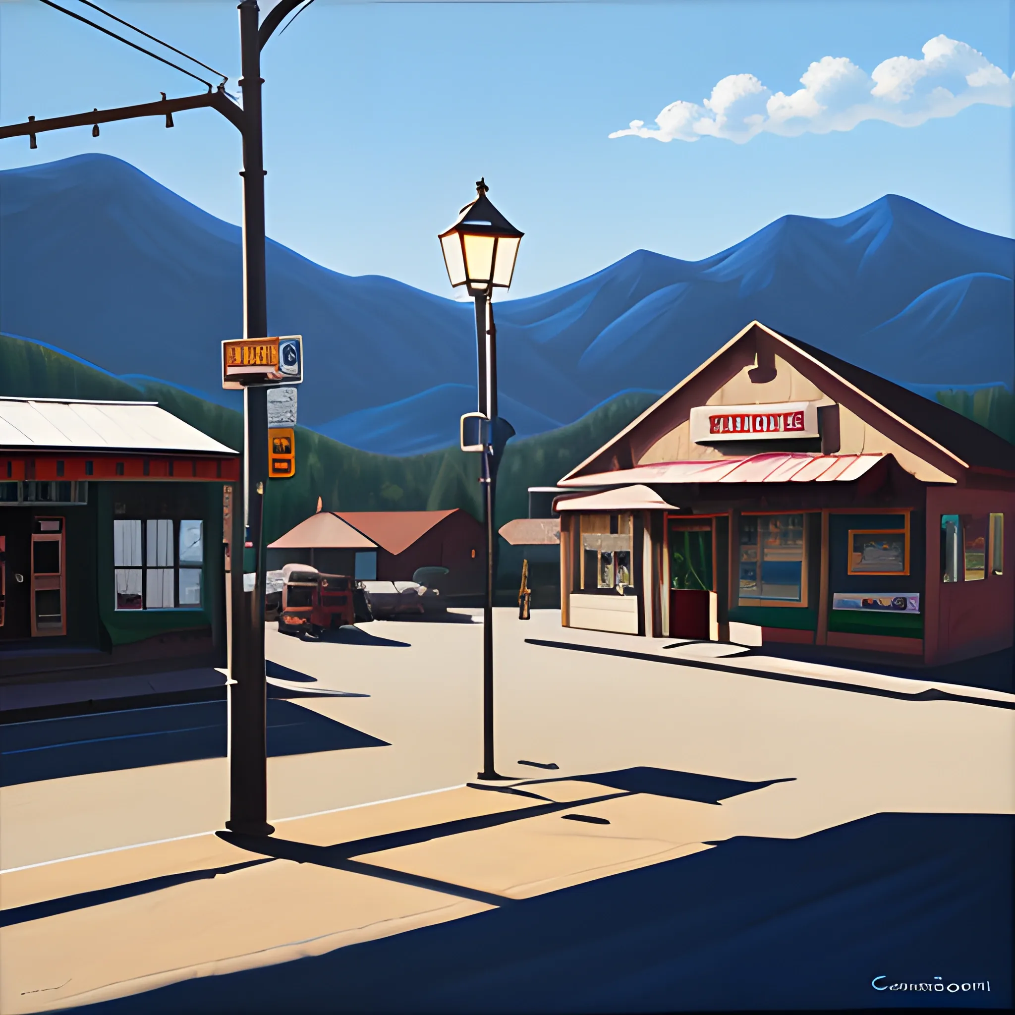 acrylic painting, single store front, old mountain town, simple, gordon leverton, lamp post, shadows