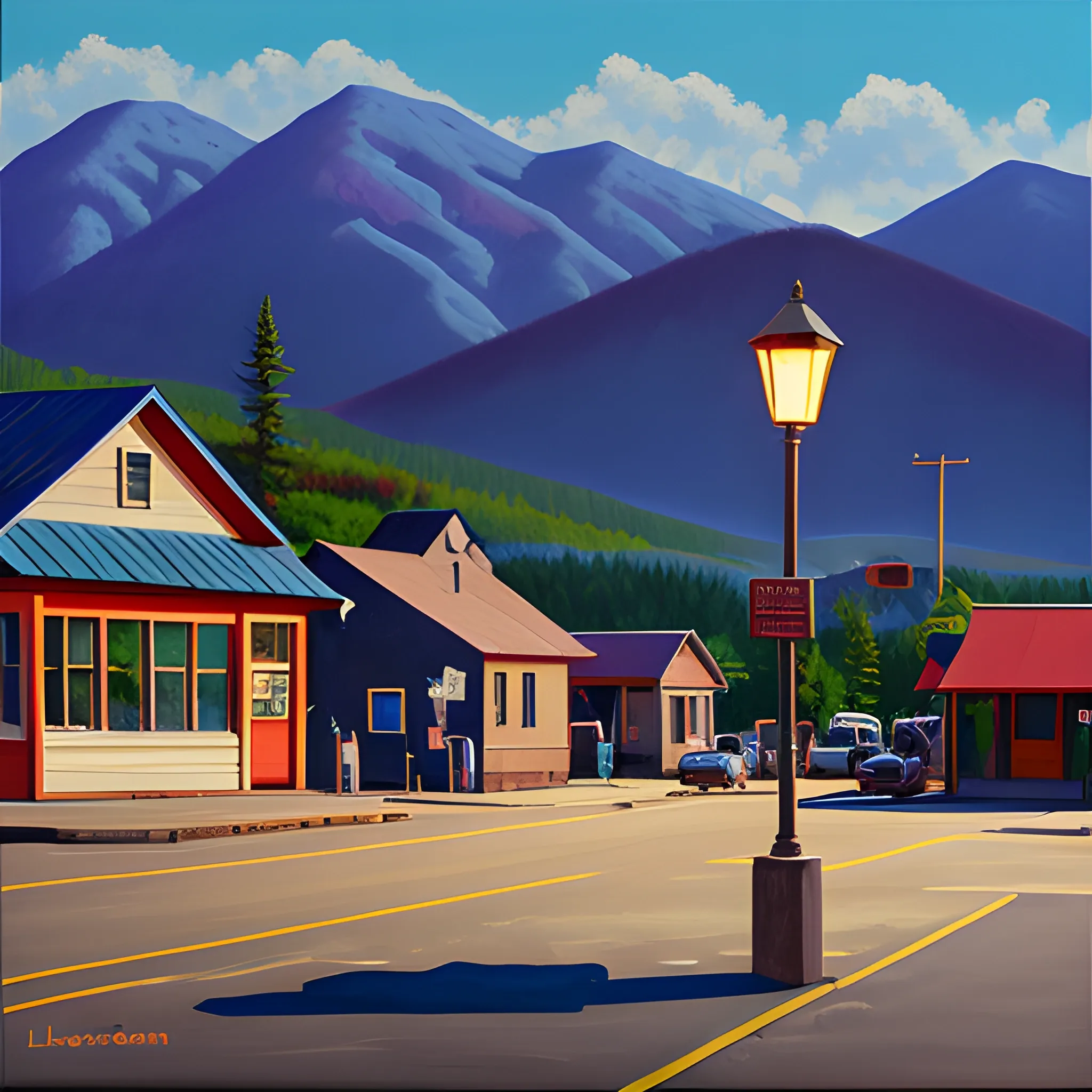 acrylic painting, single store front, old mountain town, simple, gordon leverton, lamp post