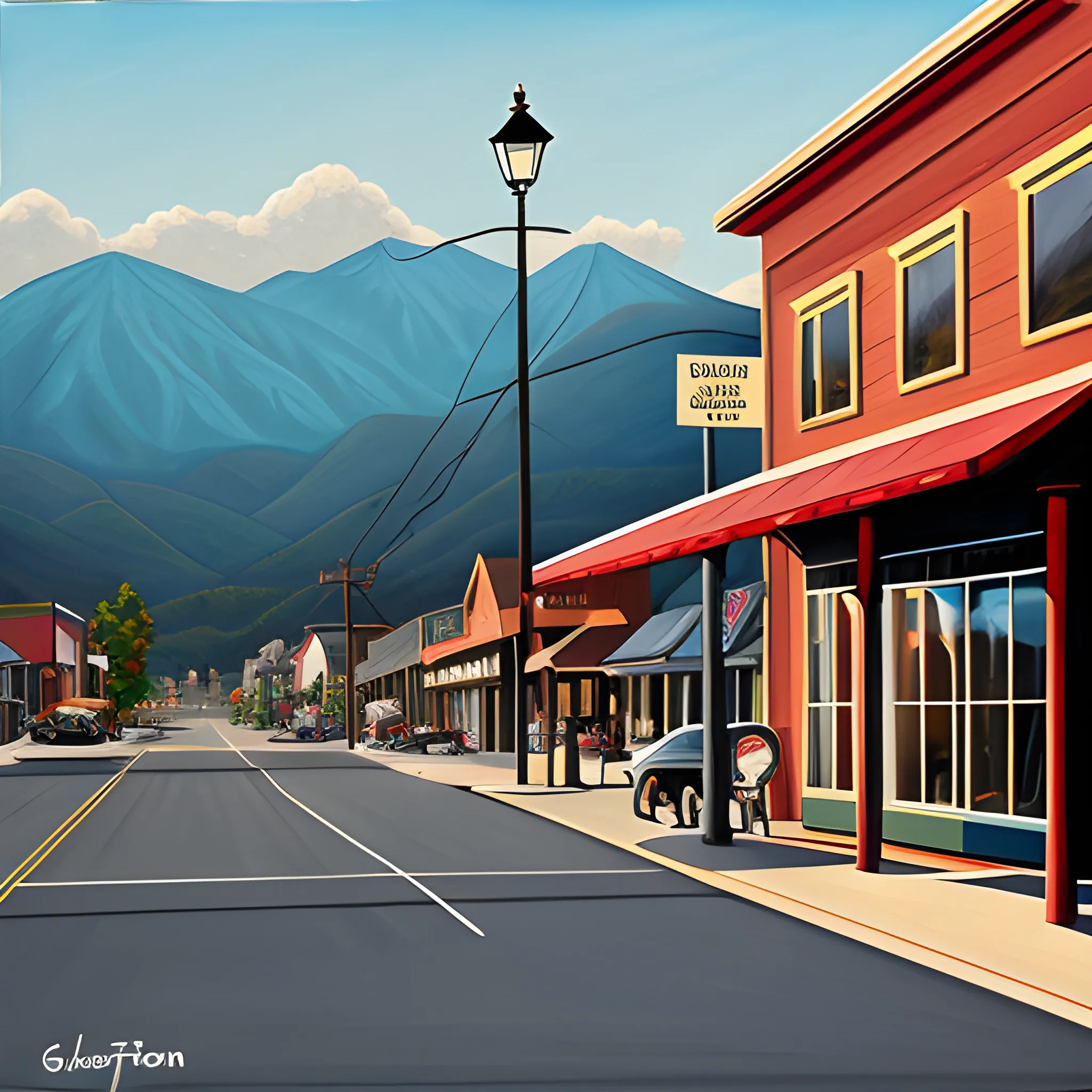 acrylic painting, single store front, old mountain town, main street, simple, gordon leverton, lamp post