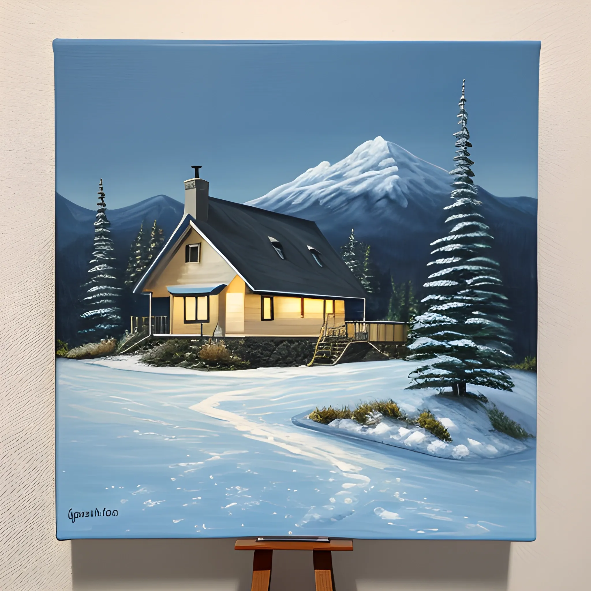 acrylic painting, mountain home, cottage core, simple, gordon leverton, lamp post