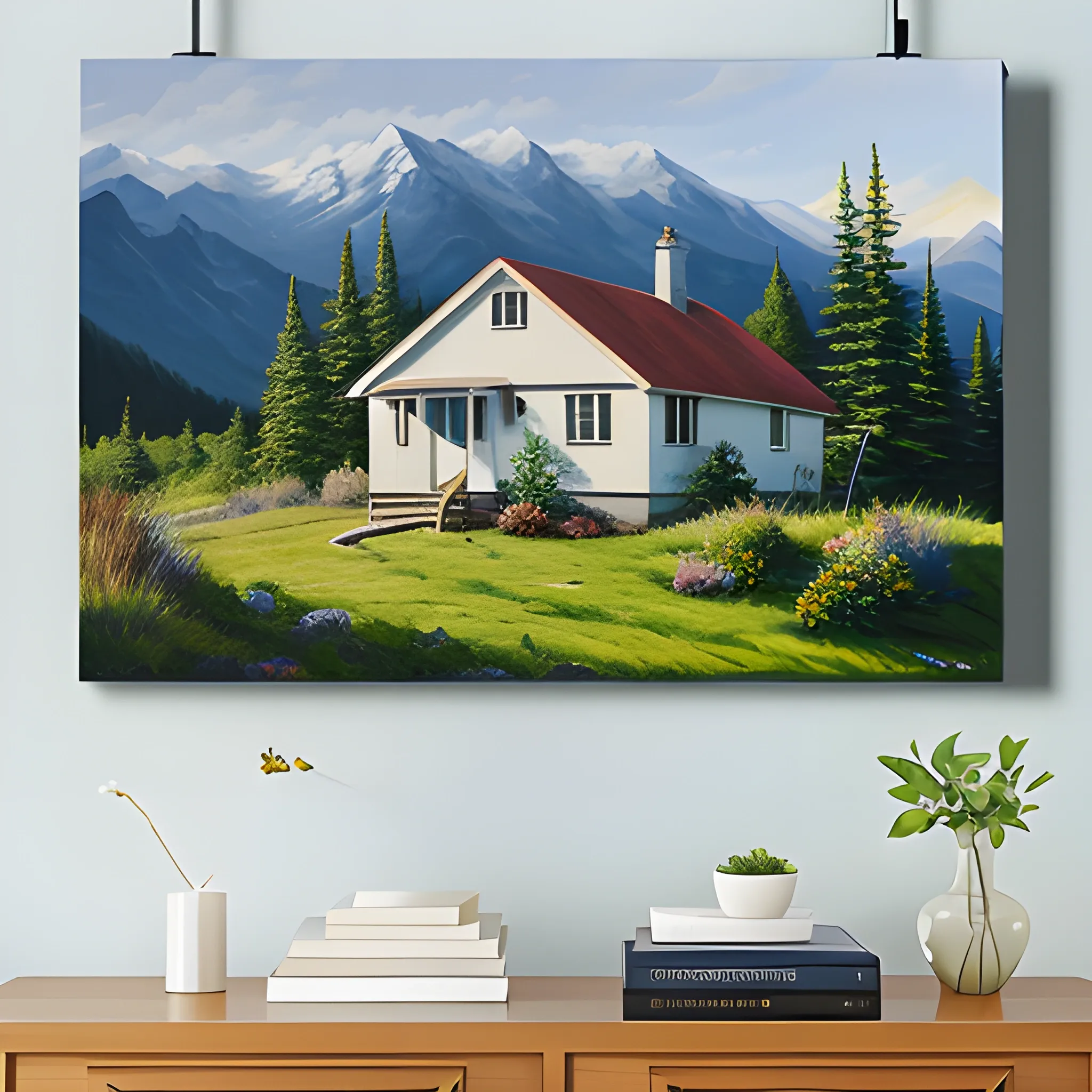 acrylic painting, mountain home, cottage core, simple, gordon leverton, lamp post, summer