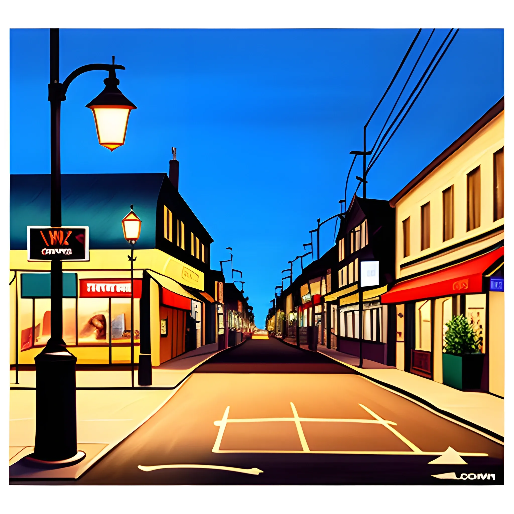 acrylic painting, small town, store front, simple, gordon leverton, lamp post, summer