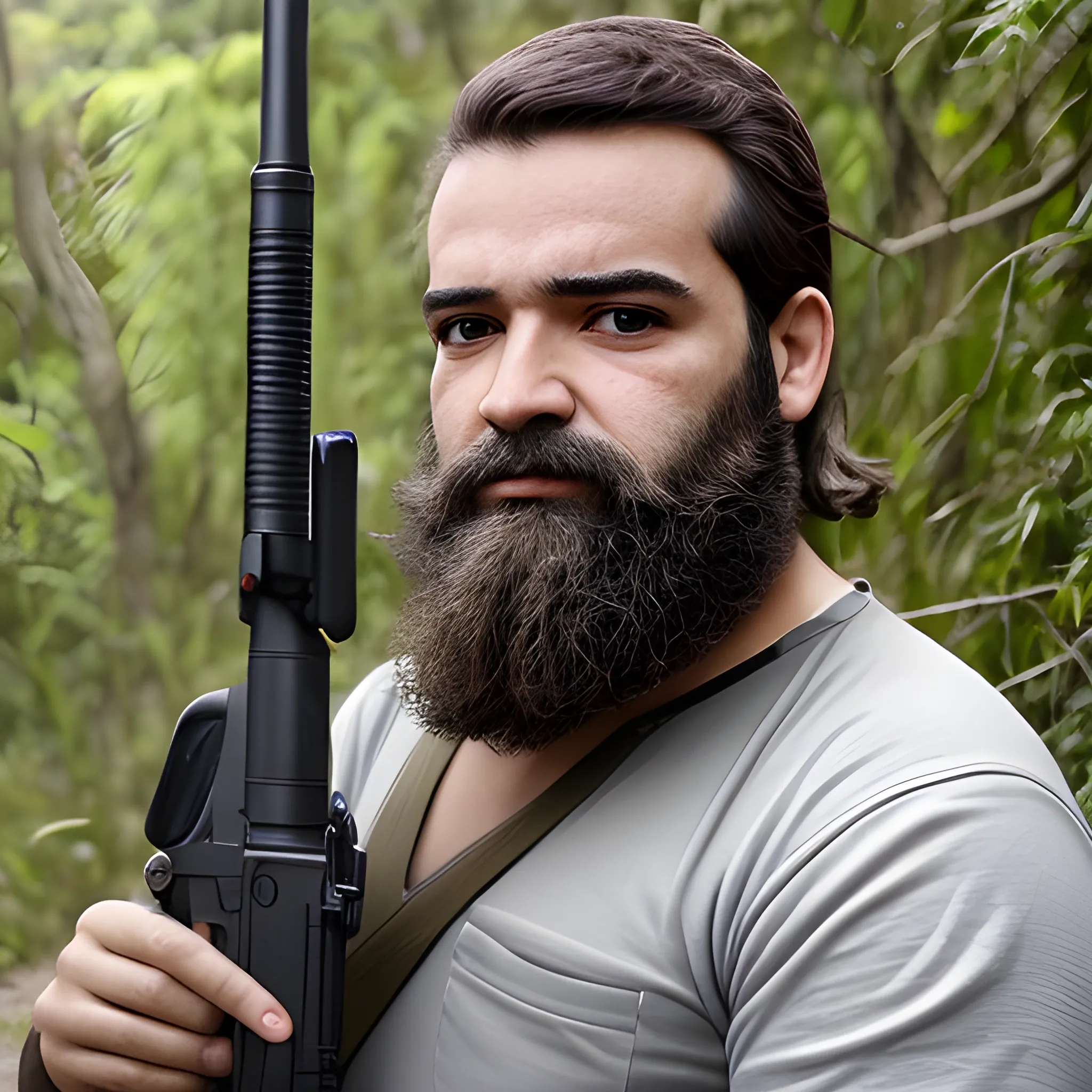 um homem de barbas, loiro, vestido de caçador, com um rifle comprido, na floresta