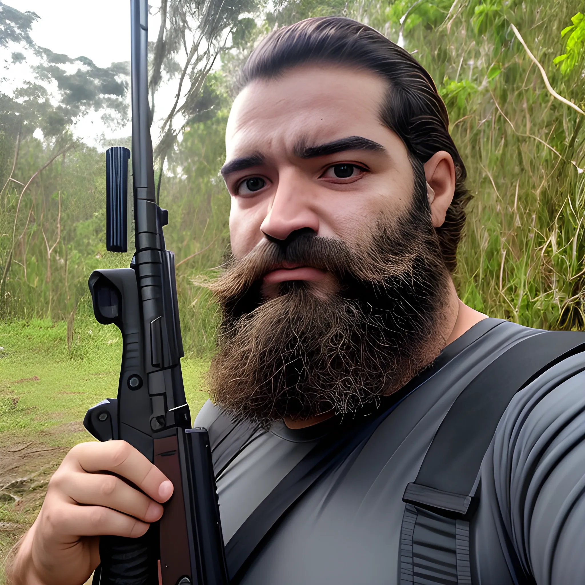 um homem magro de barbas, loiro, vestido de caçador, com um rifle comprido, caminhando na floresta