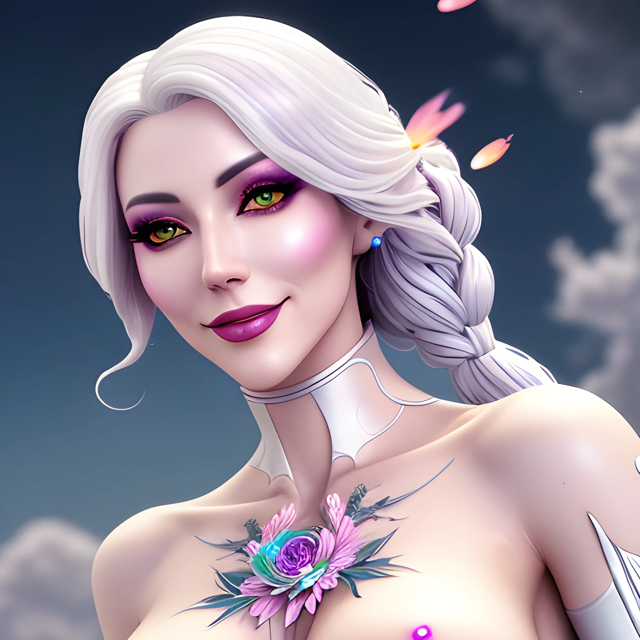 nsfw:1.5,masterpiece, best quality, 1girl, (colorful),(delicate eyes and face), volumatic light, ray tracing, bust shot ,extremely detailed CG unity 8k wallpaper,solo,smile,((flying petal)),(Flowery meadow) sky, cloudy_sky,moonlight, moon, night, (dark theme:1.3), light, fantasy, windy, magic sparks, dark castle,white hair,