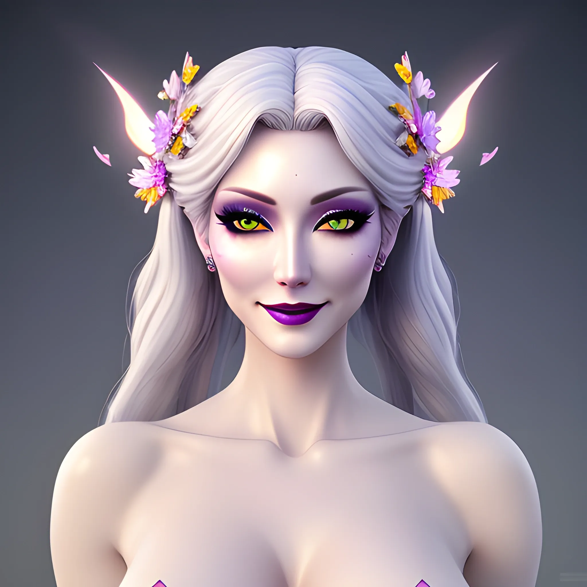 nsfw:1.5,masterpiece, best quality, 1girl, (colorful),(delicate eyes and face), volumatic light, ray tracing, bust shot ,extremely detailed CG unity 8k wallpaper,solo,smile,((flying petal)),(Flowery meadow) sky, cloudy_sky,moonlight, moon, night, (dark theme:1.3), light, fantasy, windy, magic sparks, dark castle,white hair,cartoon