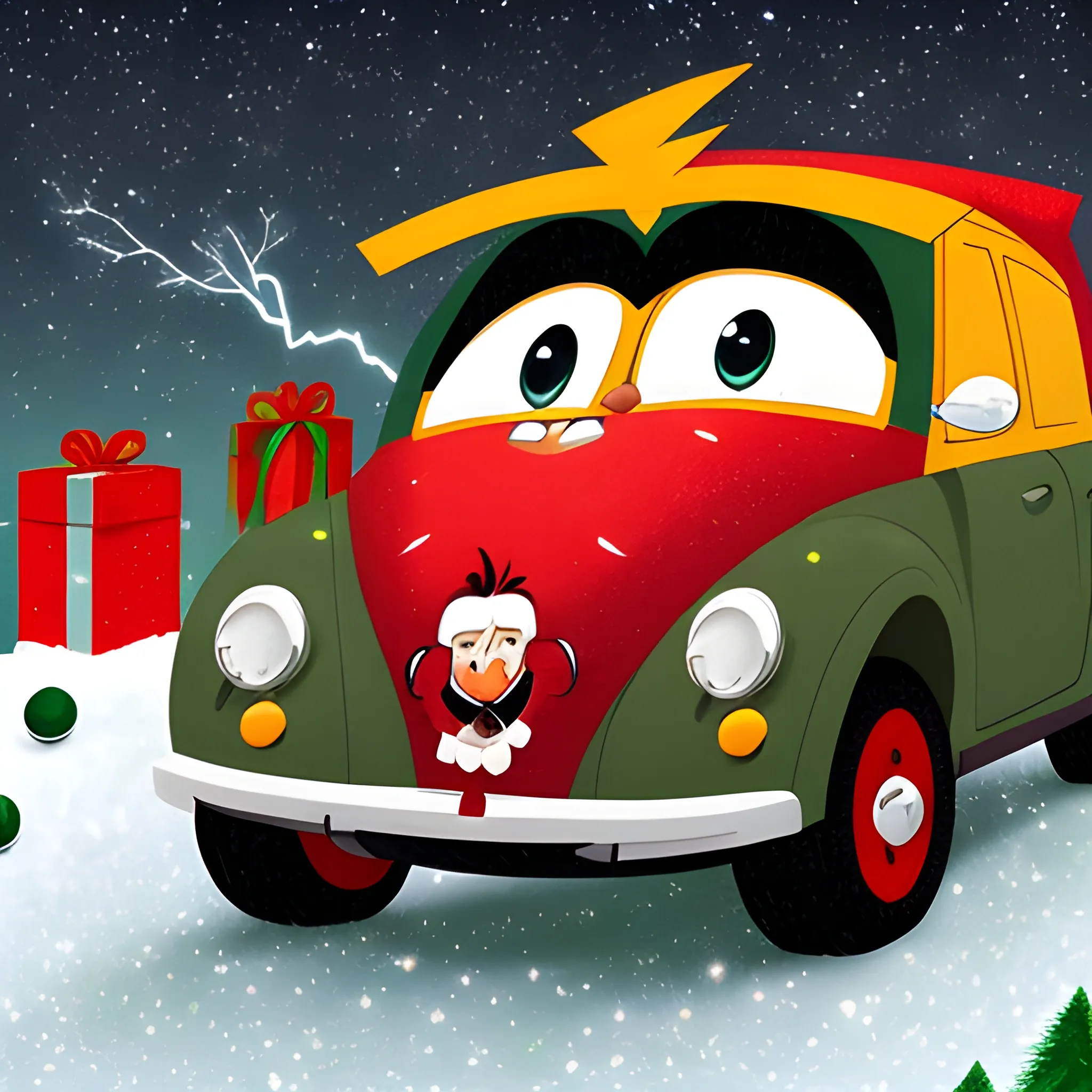 A tall kid with a mole on his left cheek, big lips, dark green eyes, medium-sized gray hair, with a lightning-like tuft, dressed in a red and green Christmas sweater with a yellow elk, blue trousers, pink slippers, building a car, Cartoon