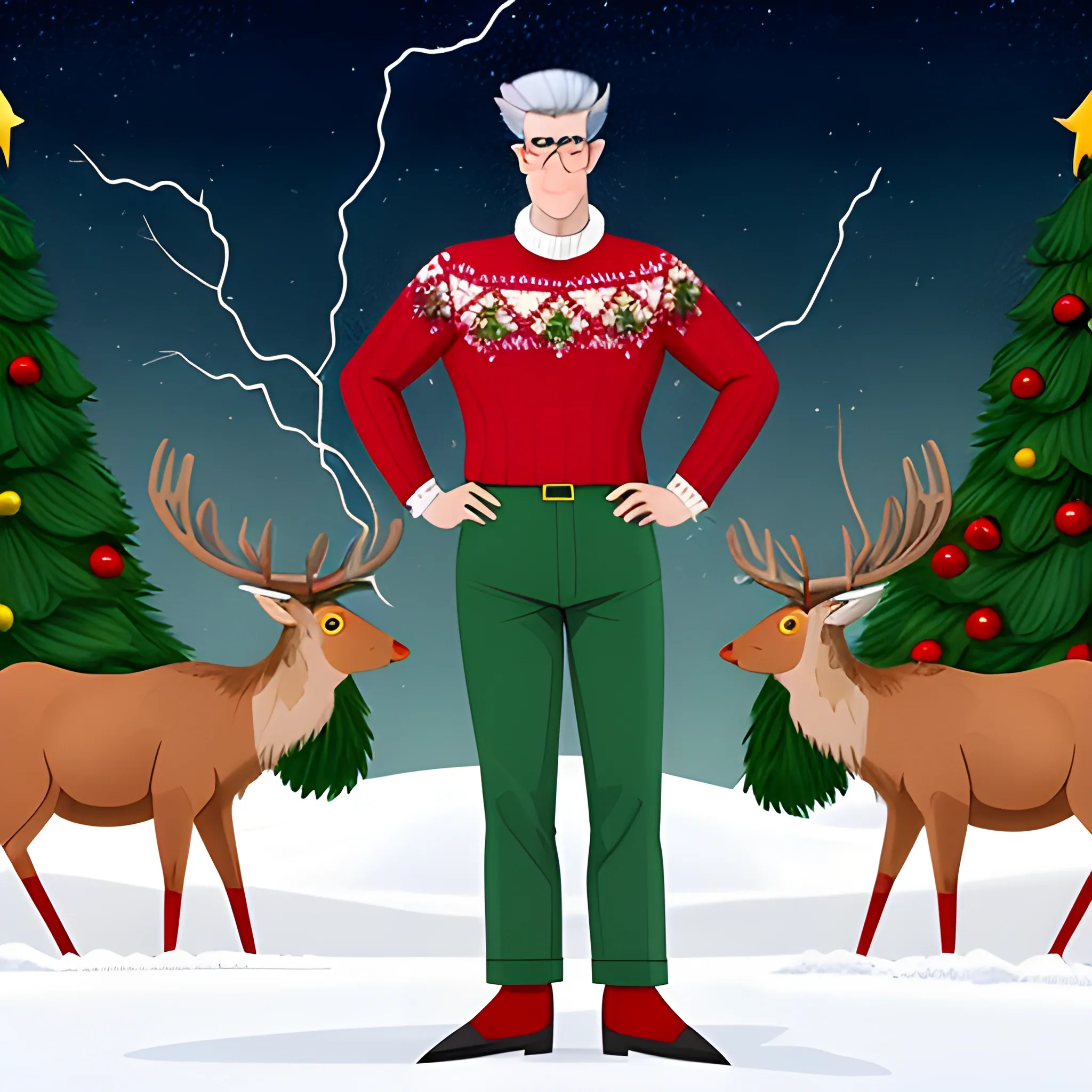 A tall kid with a mole on his left cheek, big lips, dark green eyes, medium-sized gray hair, with a lightning-like tuft, dressed in a red and green Christmas sweater with a yellow elk, blue trousers, pink slippers, doing science stuff, Cartoon