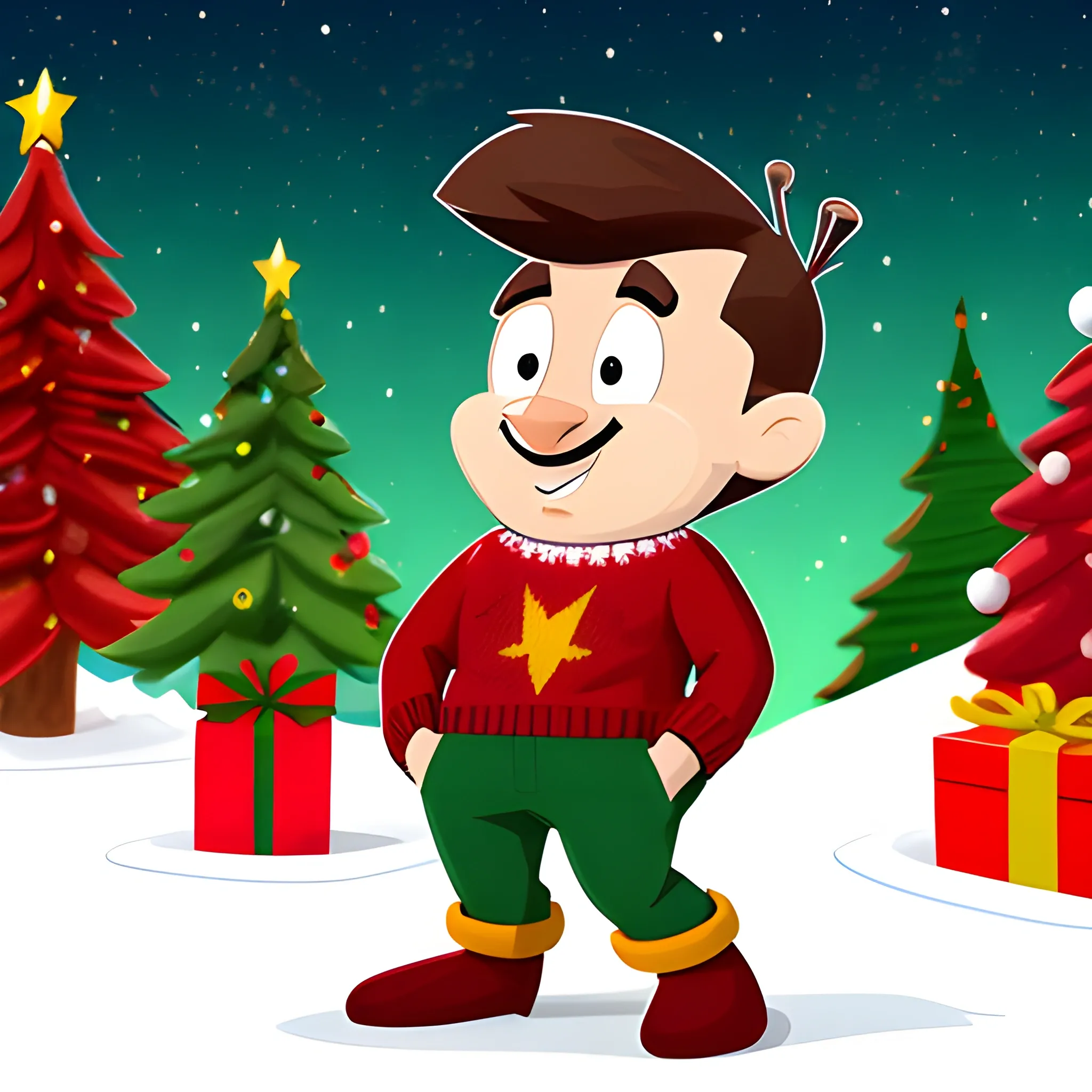 A tall kid with a mole on his left cheek, big lips, dark green eyes, medium-sized dark hair, with a lightning-like tuft, dressed in a red and green Christmas sweater with a yellow elk, blue trousers, pink slippers, doing science stuff, Cartoon