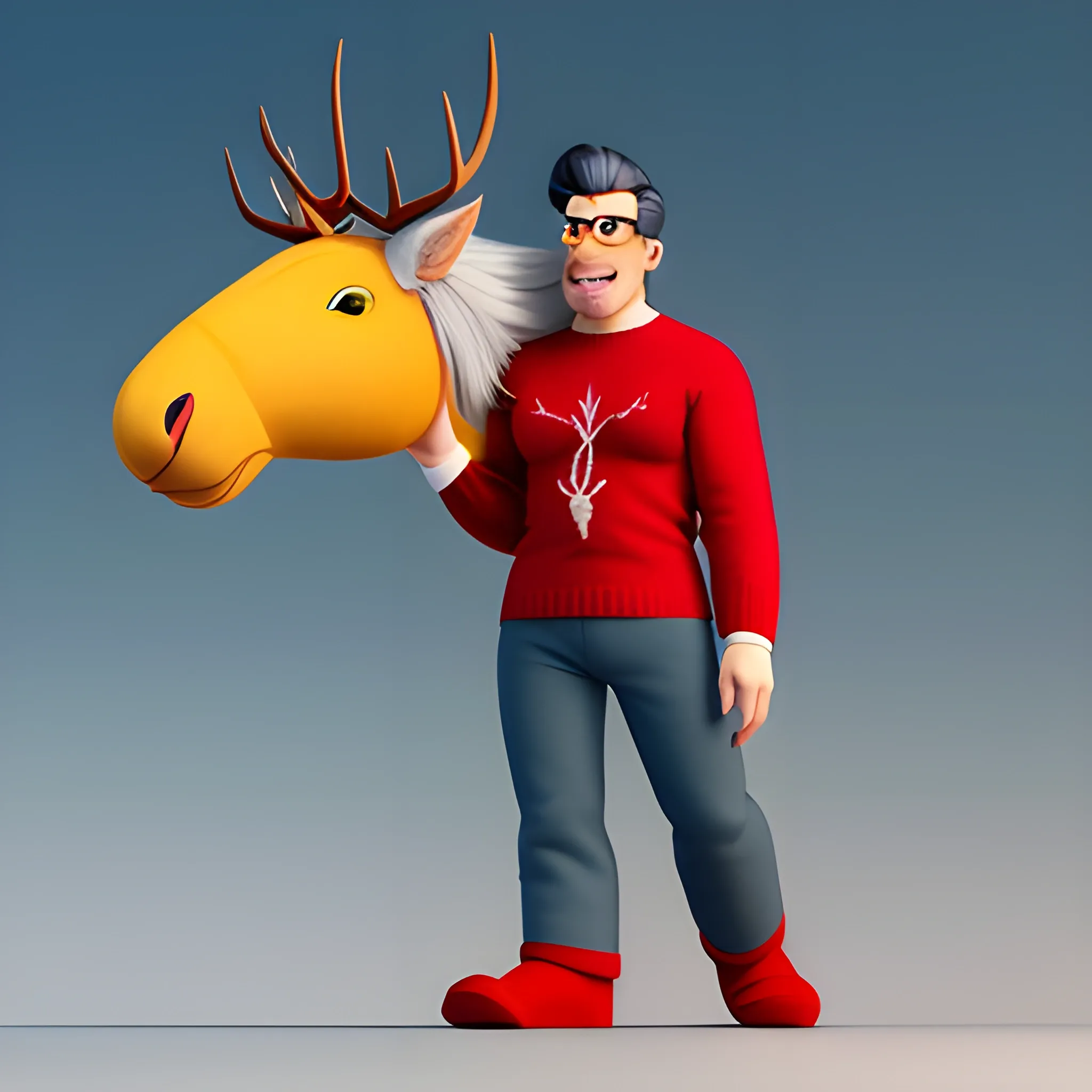 A tall kid with a mole on his left cheek, big lips, dark green eyes, medium-sized gray hair, with a lightning-like tuft, dressed in a red sweater with a yellow elk image on it, blue trousers, pink slippers, Cartoon, 3D