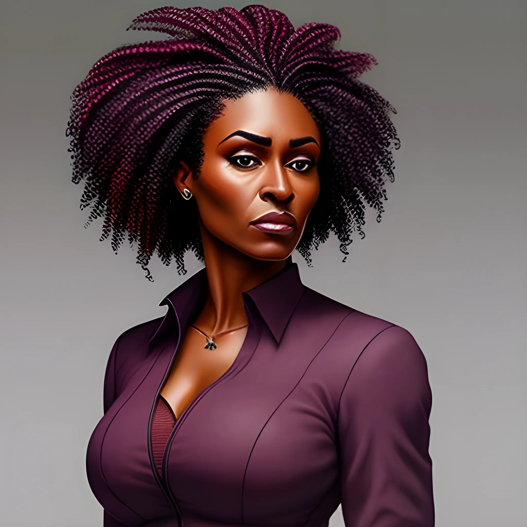 a dark-skinned girl with brown eyes and curly hair with a ponytail tied with a purple elastic band, dressed in a burgundy shirt,gray closed jacket and dark trousers with high dark red boots, looks aggressively at the screen, Oil Painting