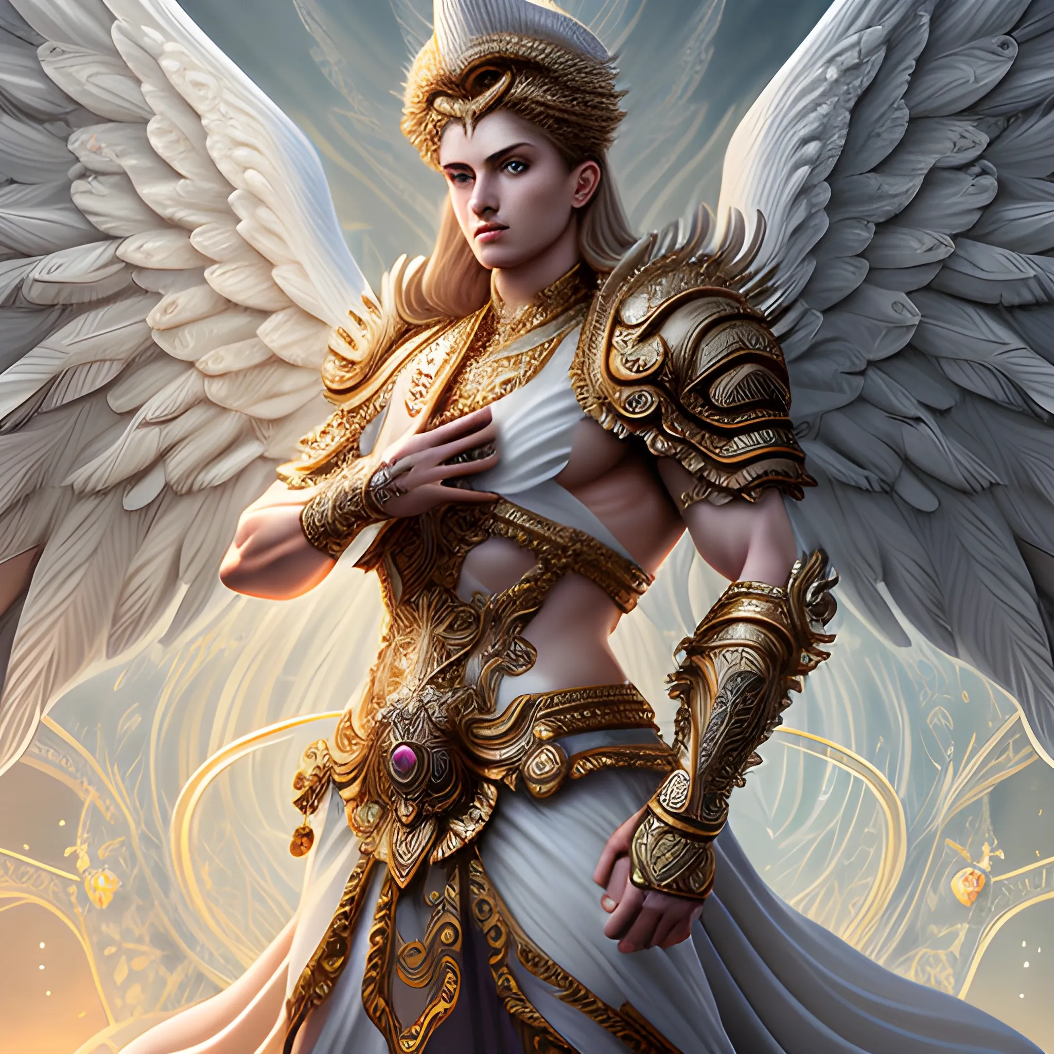 RAW photo, Hyper detailed ultra sharp, ornate, intricate, digital painting, concept art, smooth, sharp focus, illustration, 8 k, (((full body))), long  hair, (((divine))),  (((male))), archangel michael , perfect face,  extremely detailed CG unity 8k wallpaper