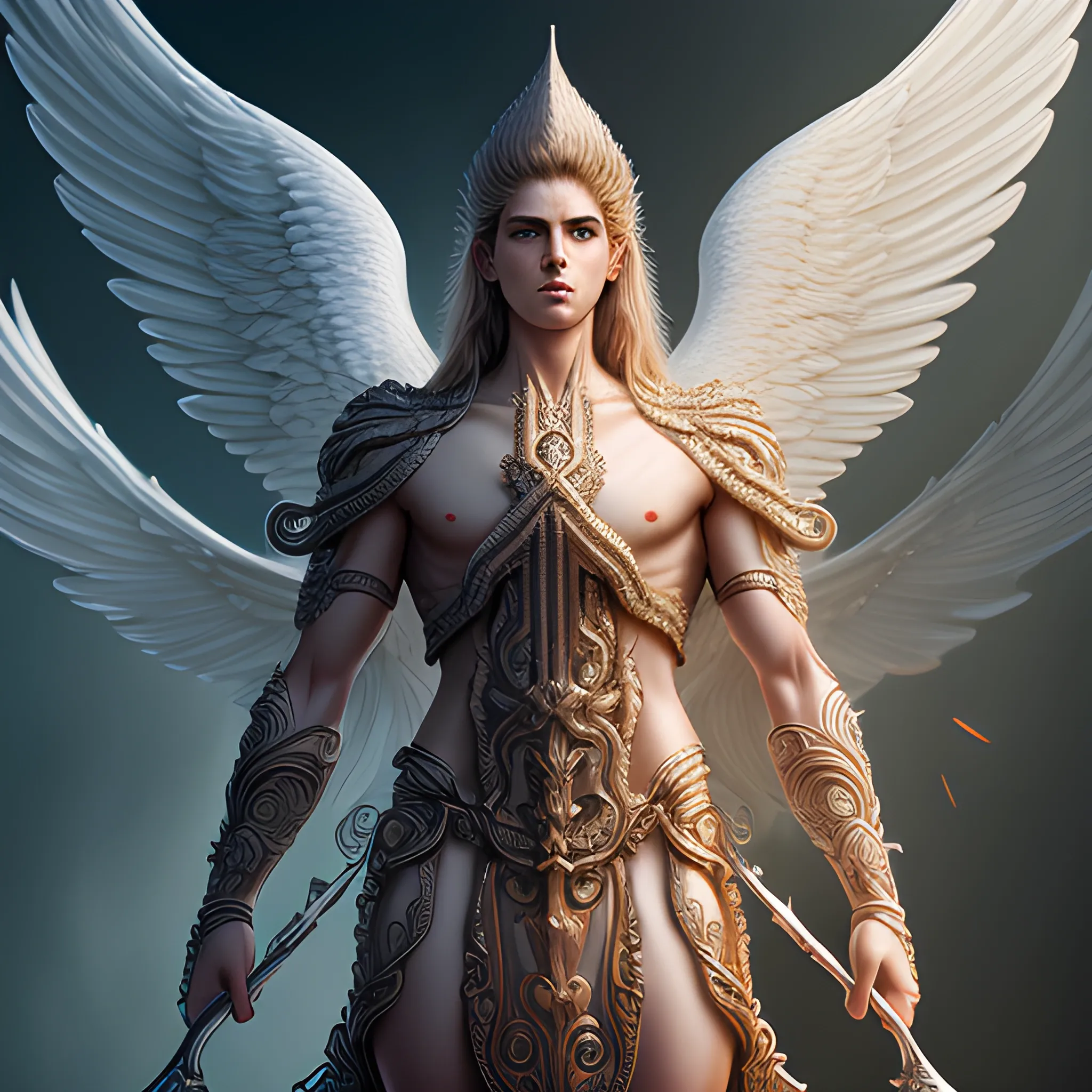 RAW photo, Hyper detailed ultra sharp, intricate, digital painting, concept art, smooth, sharp focus, illustration, 8 k, (((full body))), long  hair, (((divine))),  (((male))), archangel michael , perfect face,  extremely detailed CG unity 8k wallpaper