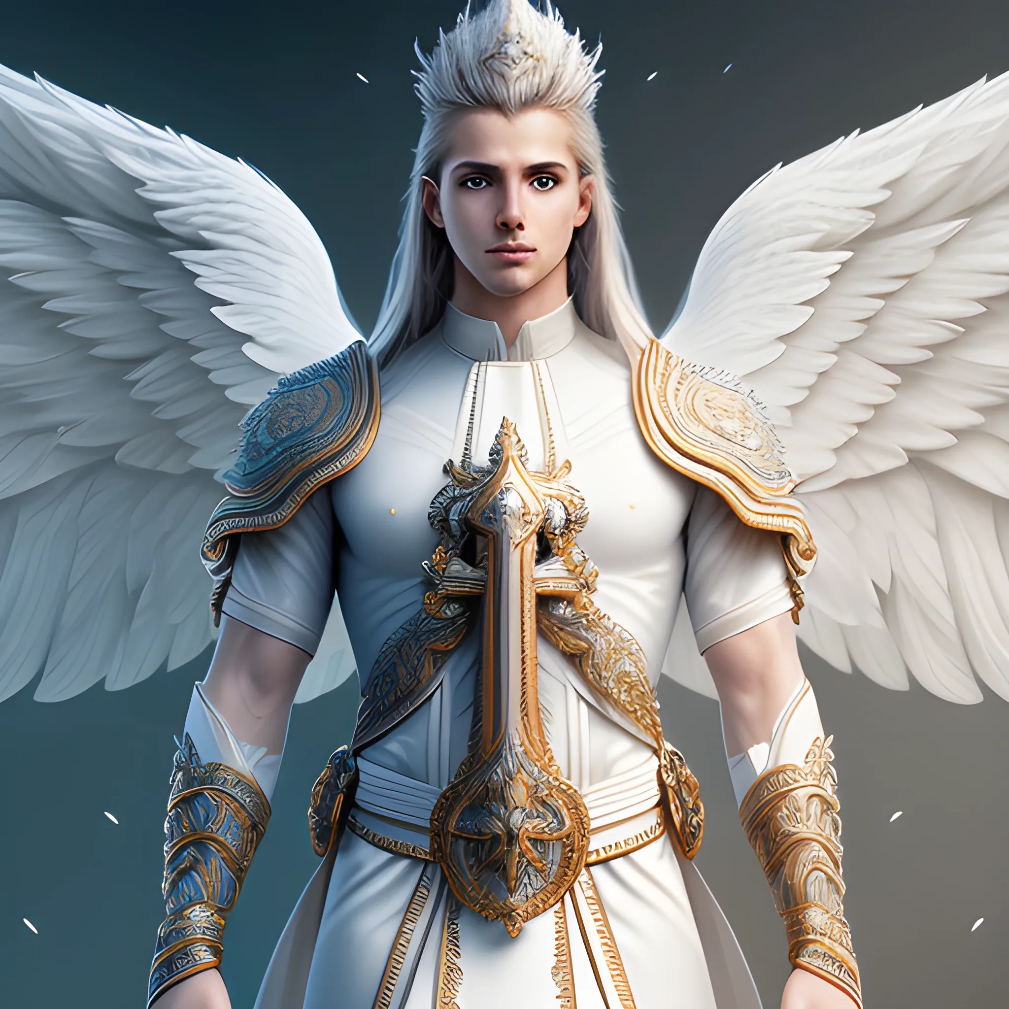 RAW photo, Hyper detailed ultra sharp, intricate, digital painting, concept art, smooth,tunic white, sharp focus, illustration, 8 k, (((full body))), long  hair, (((divine))),  (((male))), archangel michael , perfect face,  extremely detailed CG unity 8k wallpaper