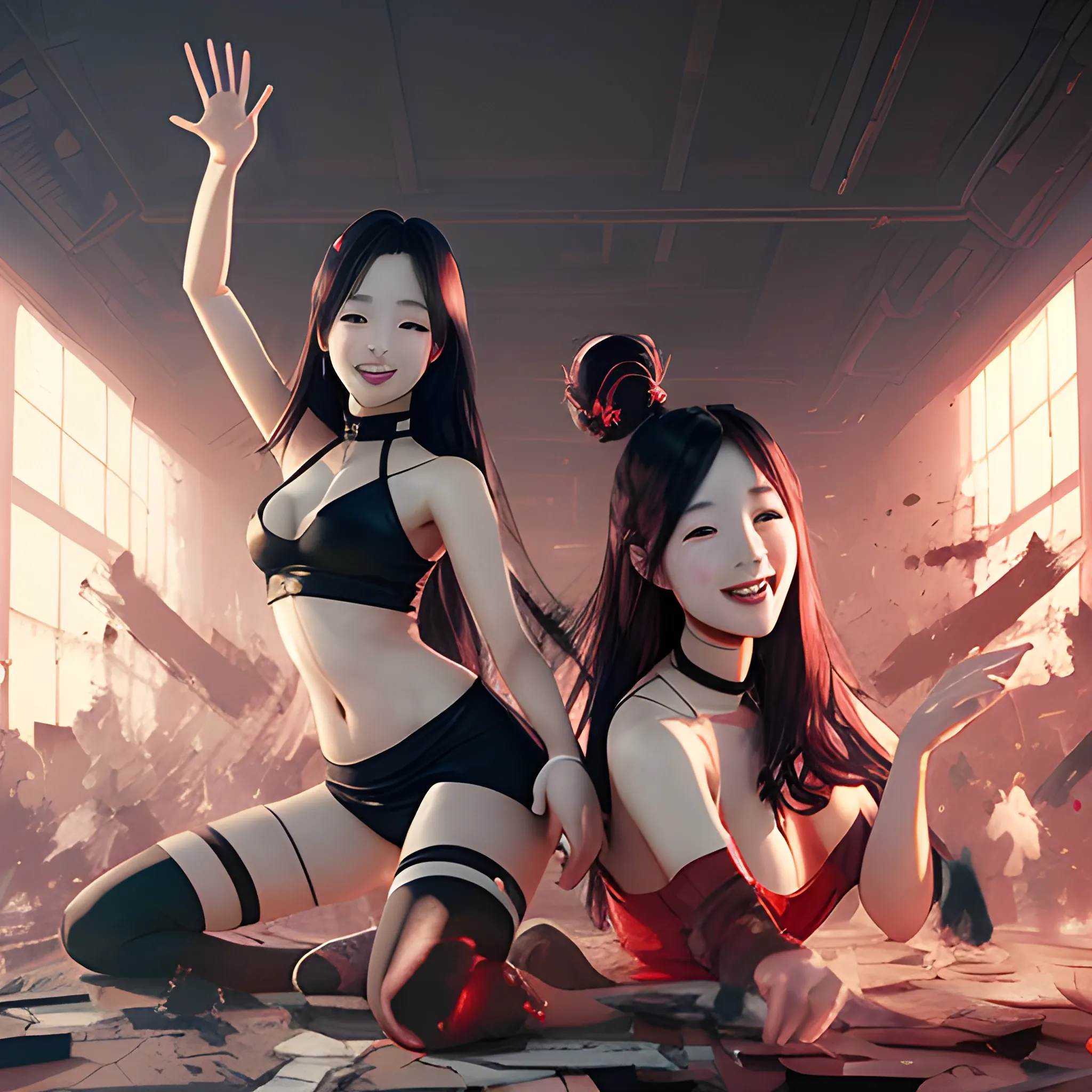 two classical korean female musicians, full figure, fit, spandex, black stockings, choker, long hair, classy,  smile, manga eyes,, open mouth, chaotic messy background, stains, Greg Rutkowski art, warm colors, red stage illumination,, 3D