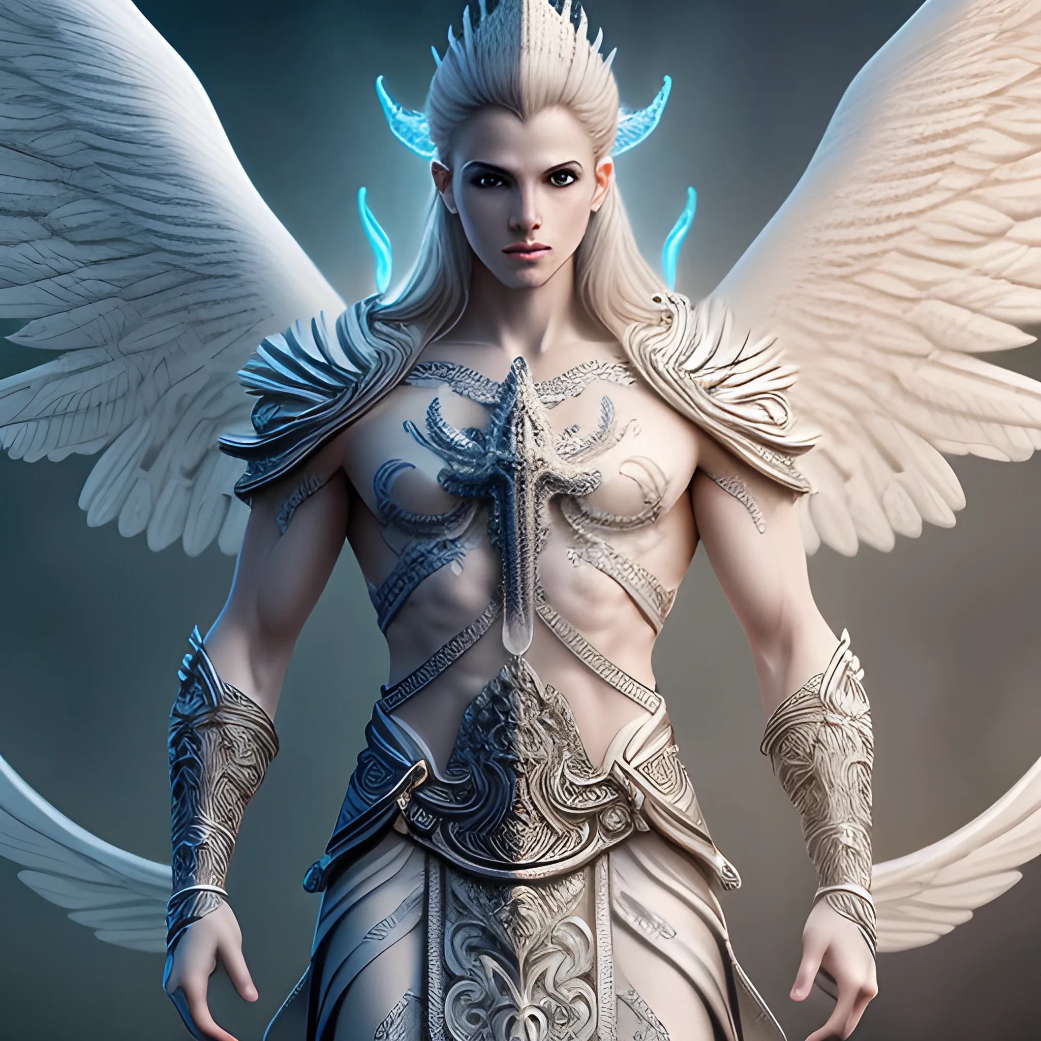 RAW photo, Hyper detailed ultra sharp, intricate, digital painting, concept art, smooth,tunic white, sharp focus, illustration, 8 k, (((full body))), long  hair, (((divine))),  (((male))), archangel raziel , perfect face,  extremely detailed CG unity 8k wallpaper