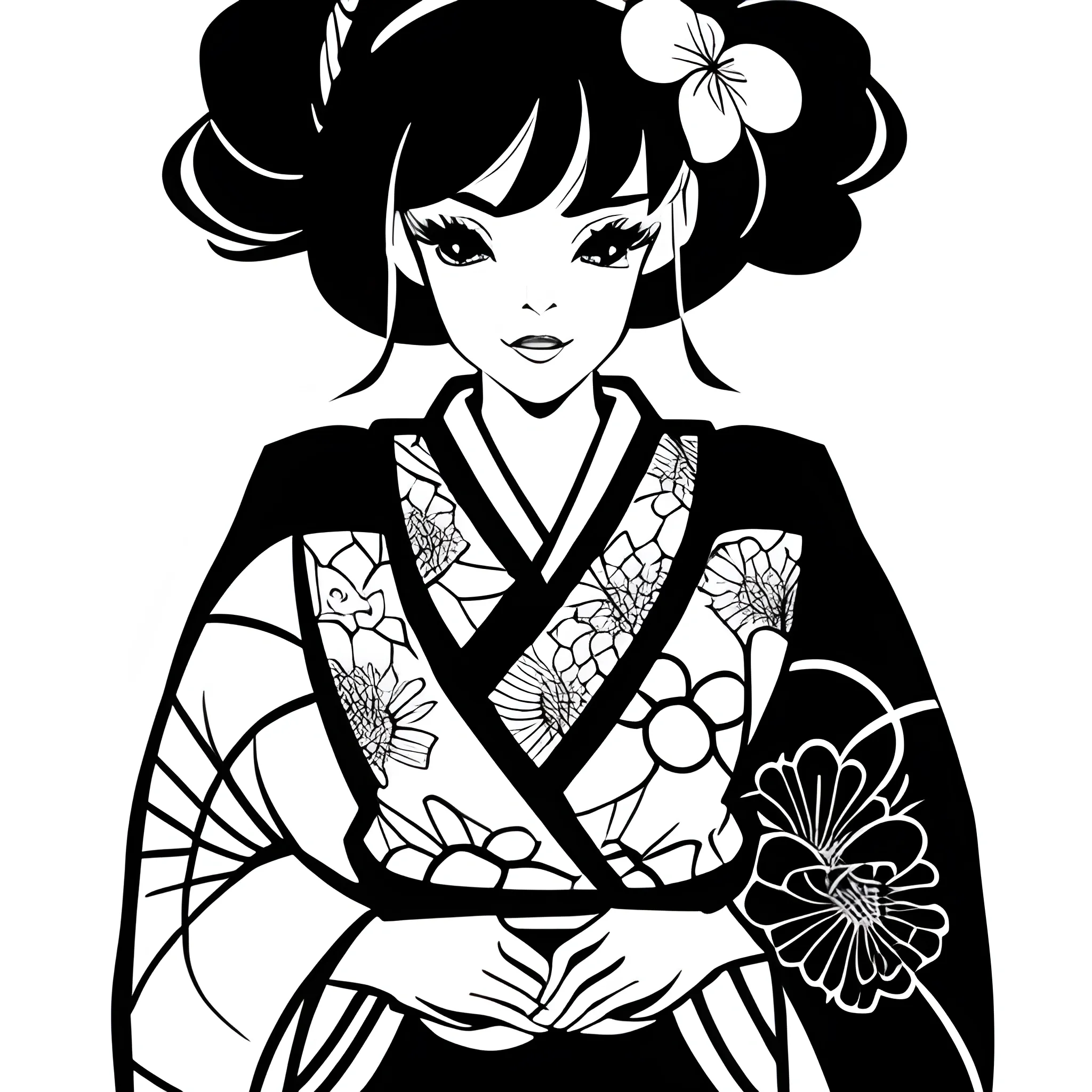 , Cartoon, Black Female,Black and White Kimono, - Arthub.ai