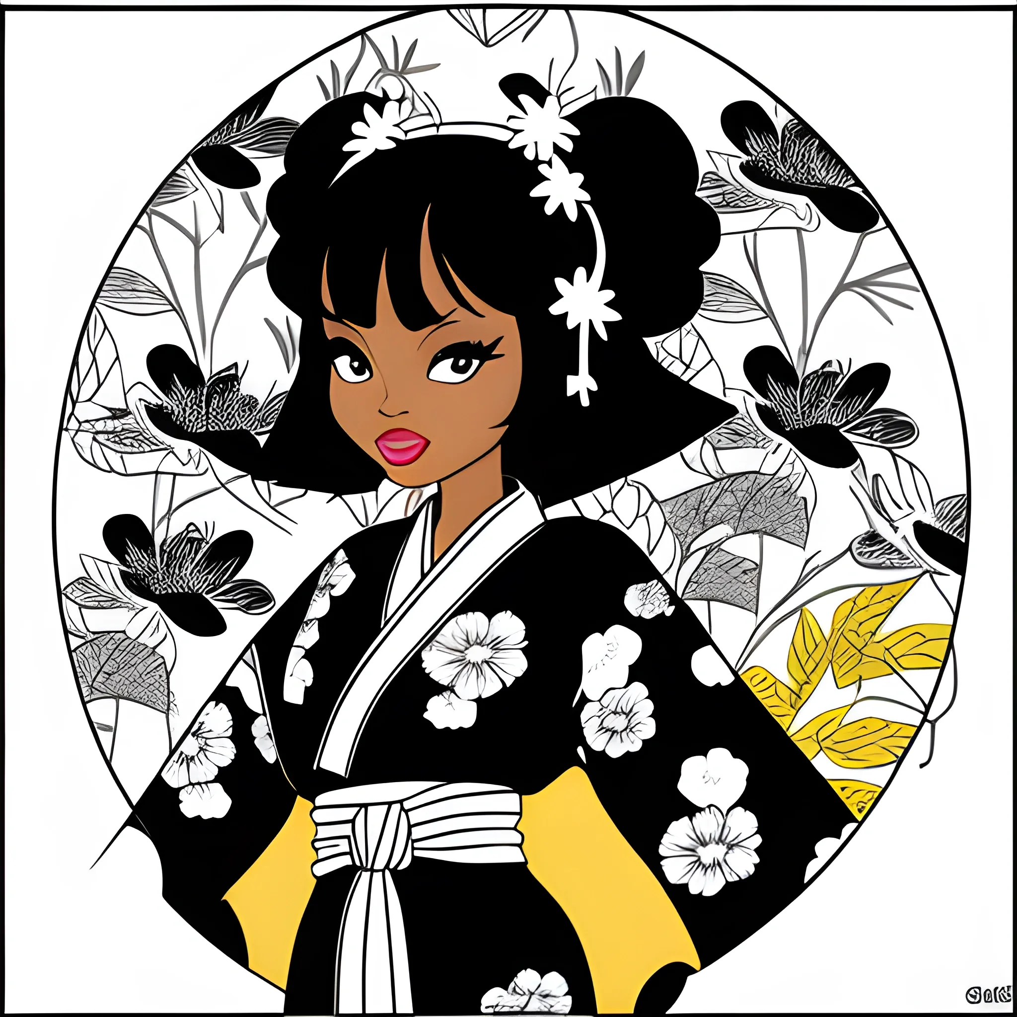, Cartoon, Black Female,Black and White Kimono, colored