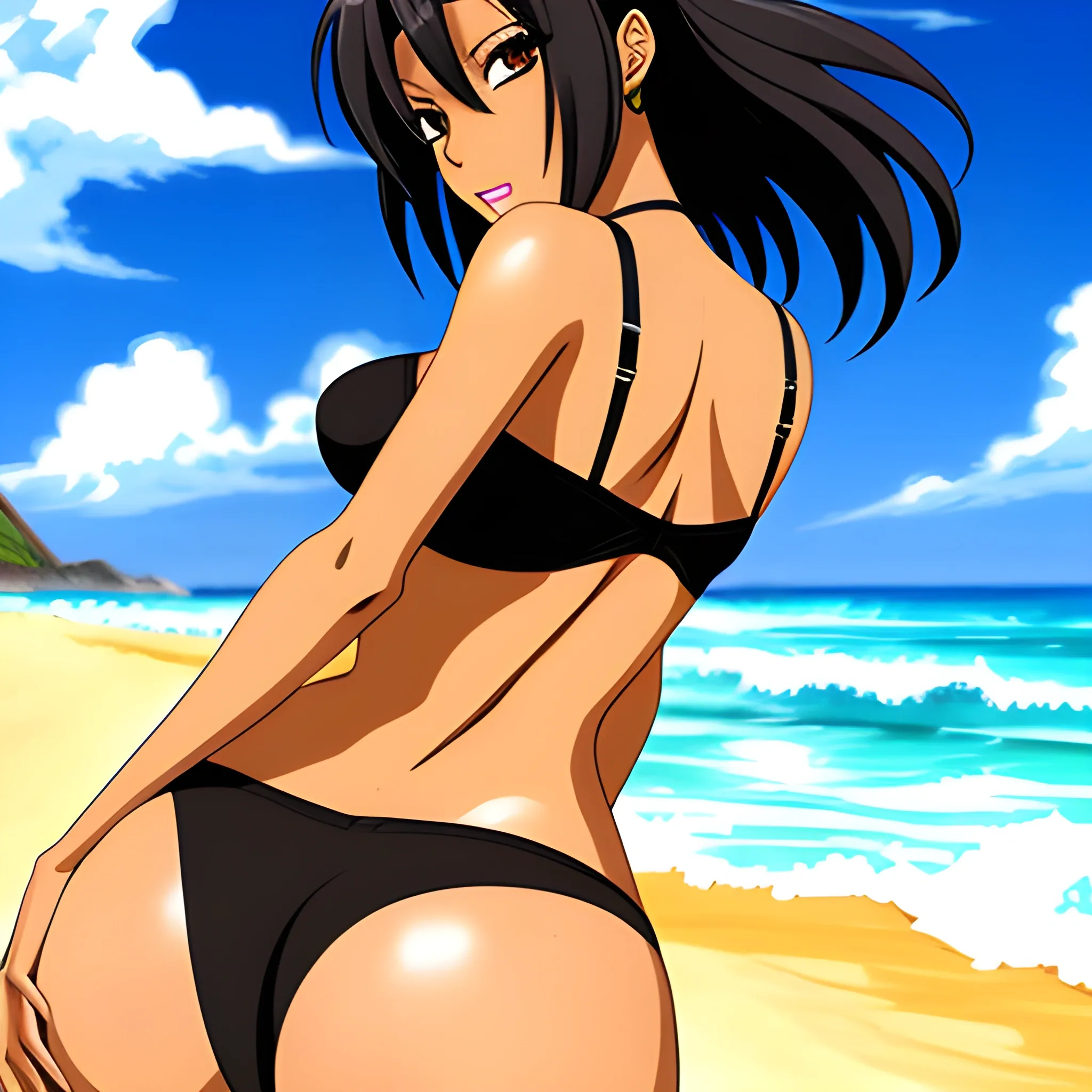 Anime,beach,rear view,brownskin,cute girl,Black Hair,black bra,black panties, Cartoon