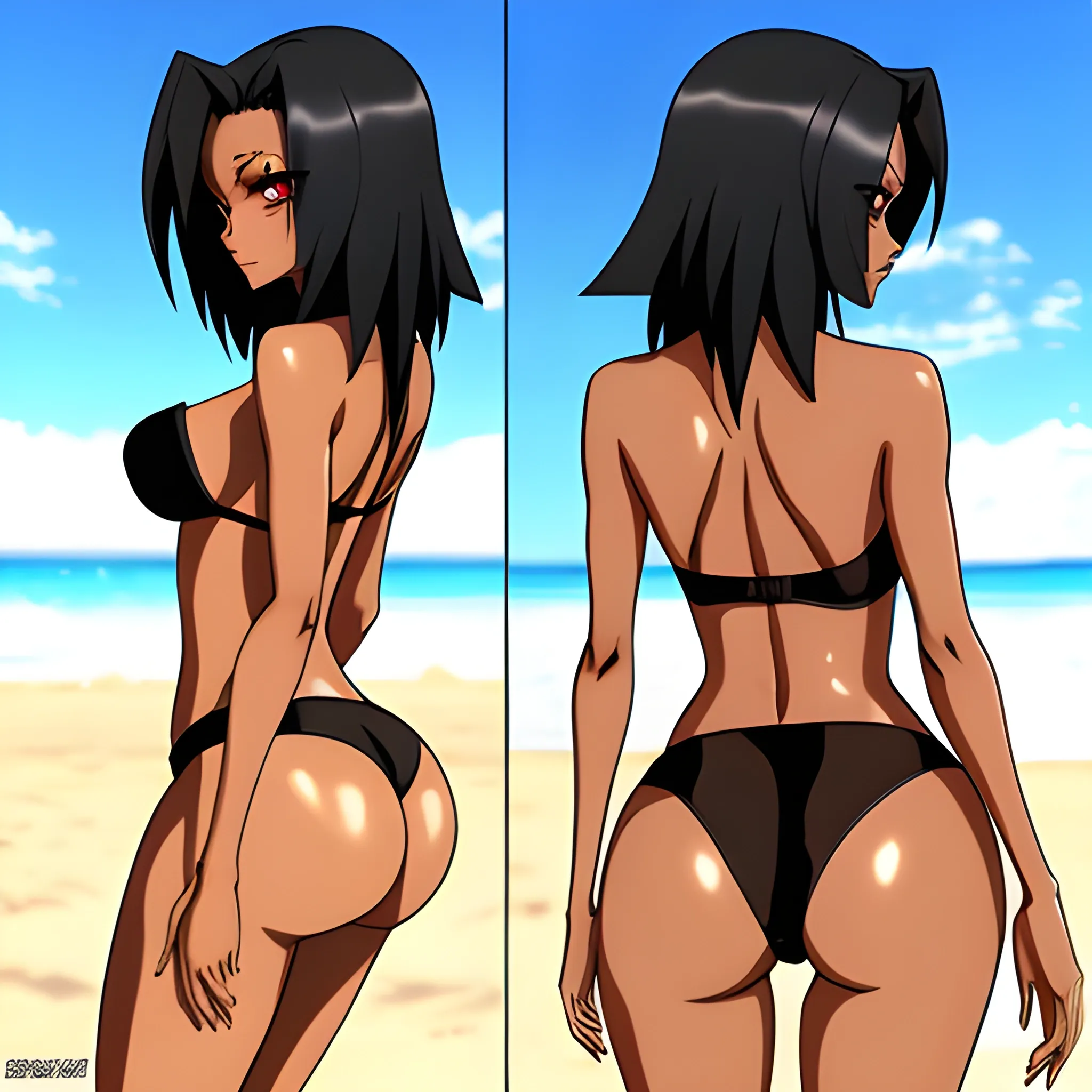 Anime,beach,rear view,brownskin,cute girl,Black Hair,black bra,black panties, Cartoon,hand under butt,helltaker style