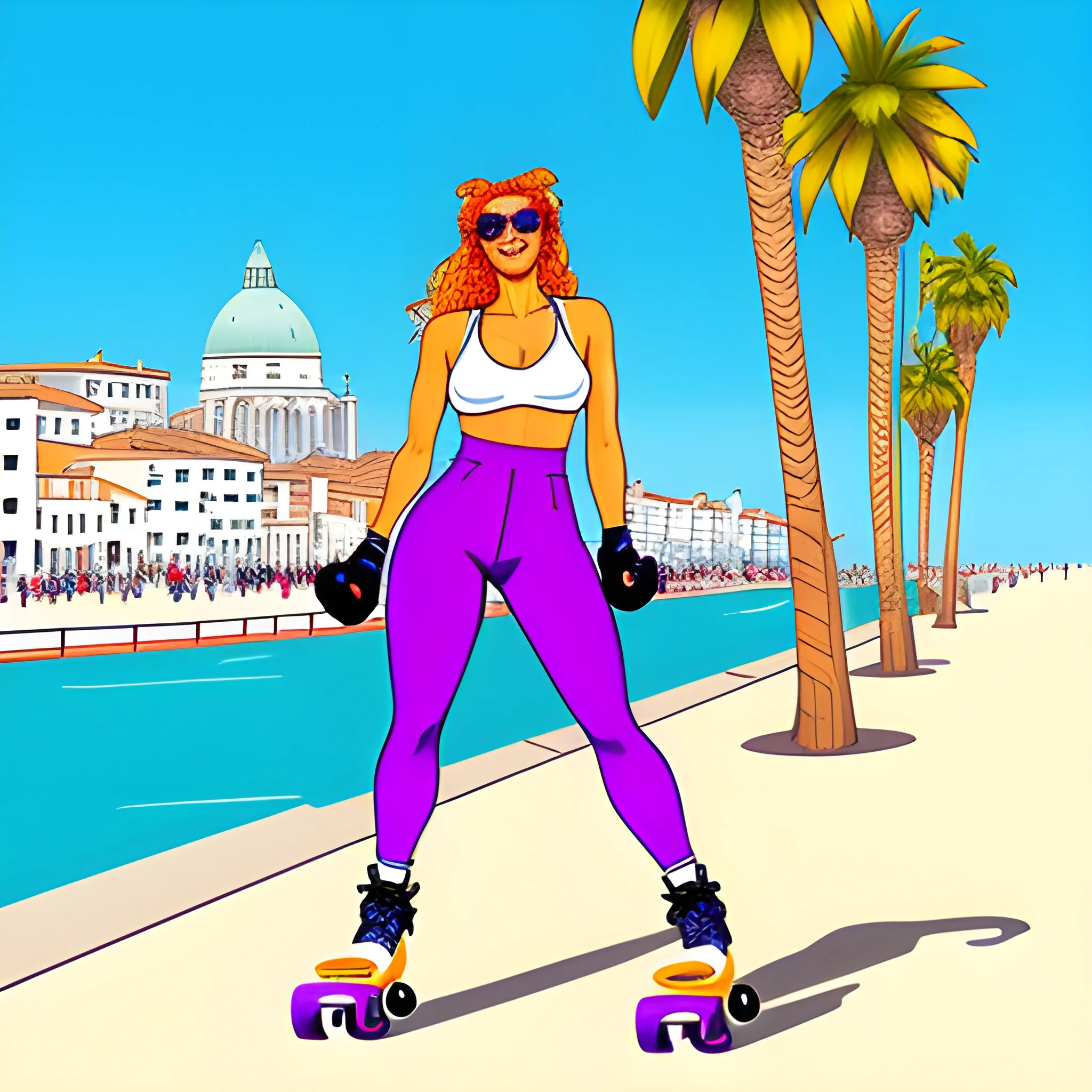 90s girl rollerblading Venice beach illustration 