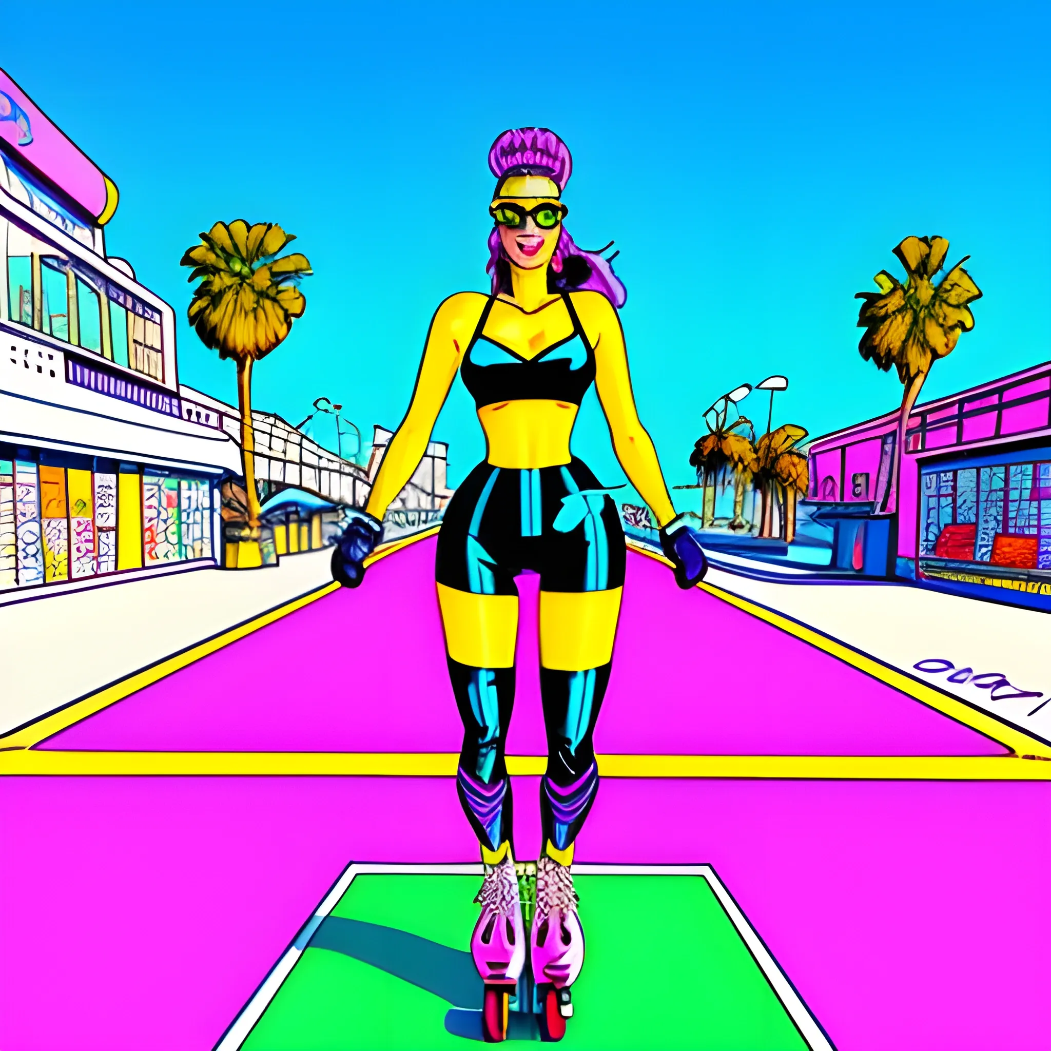 90s neon girl rollerblading Venice beach illustration 