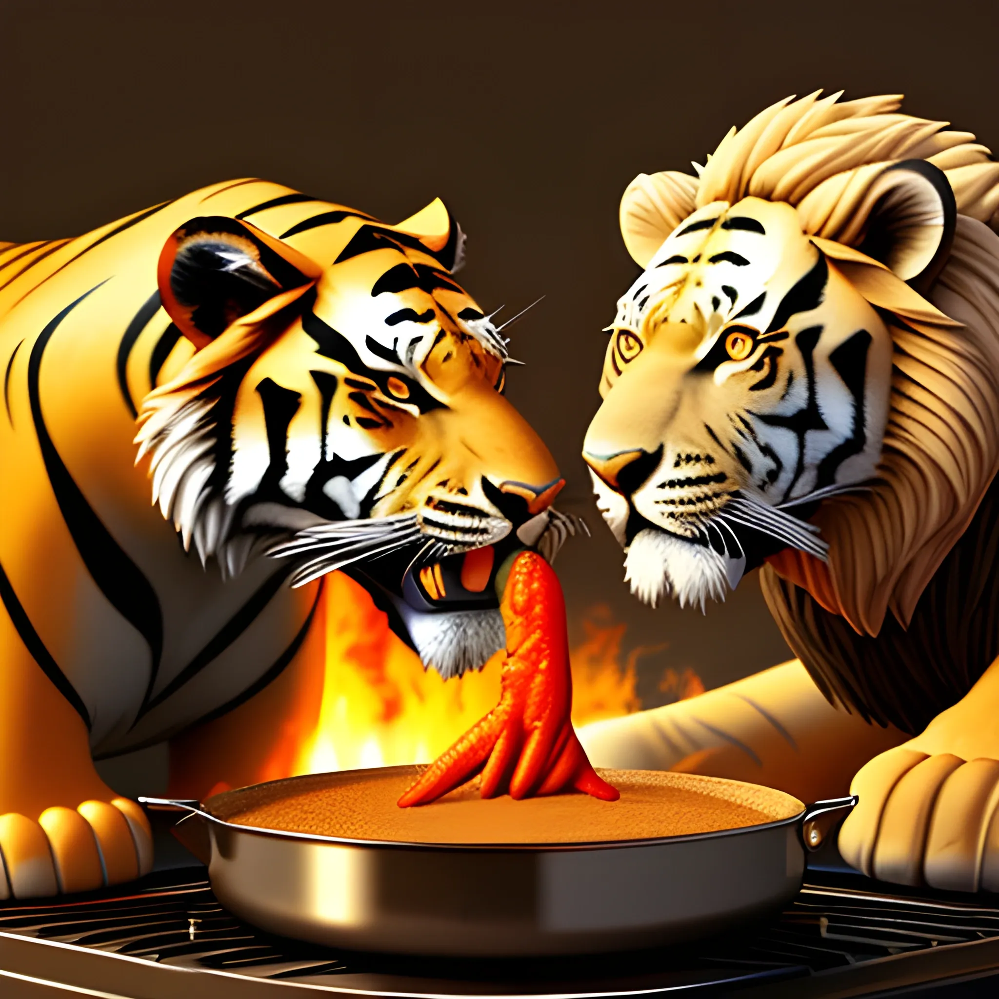 A tiger cooking a lion , 3D