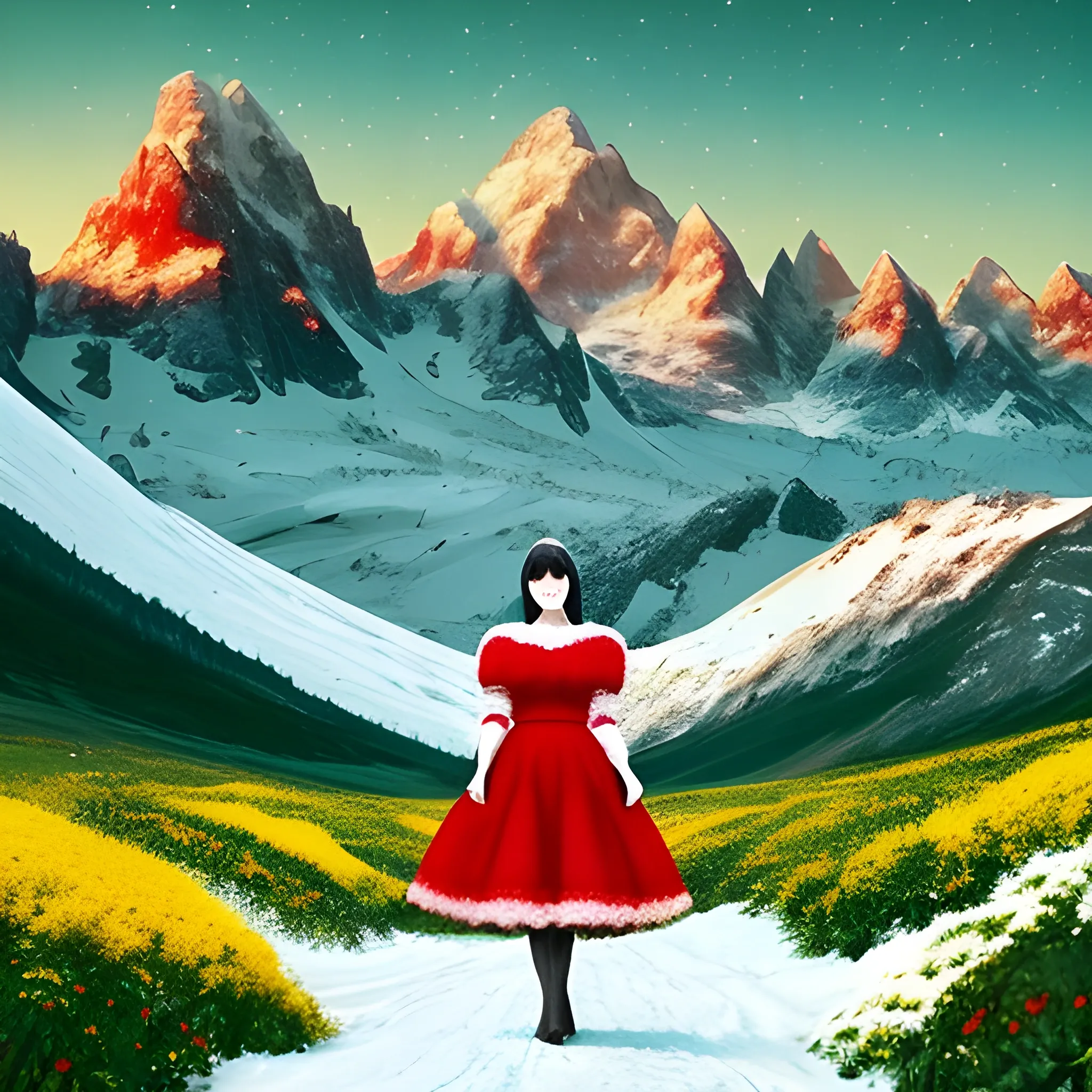 Russian landscape snowing, black-haired woman in the middle of the landscape holding a furry white cat, wearing a light red dress, large mountains in the background and the green floor with yellow flowers shows
, Trippy